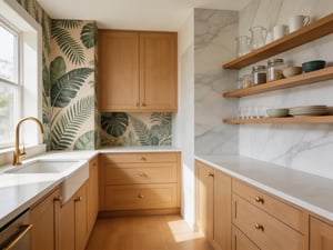 A curated selection of kitchen wallpaper designs — from botanical statements to marble-effect open shelving backdrops, showing the full range of what's possible when wallpaper is treated as a serious surface material.