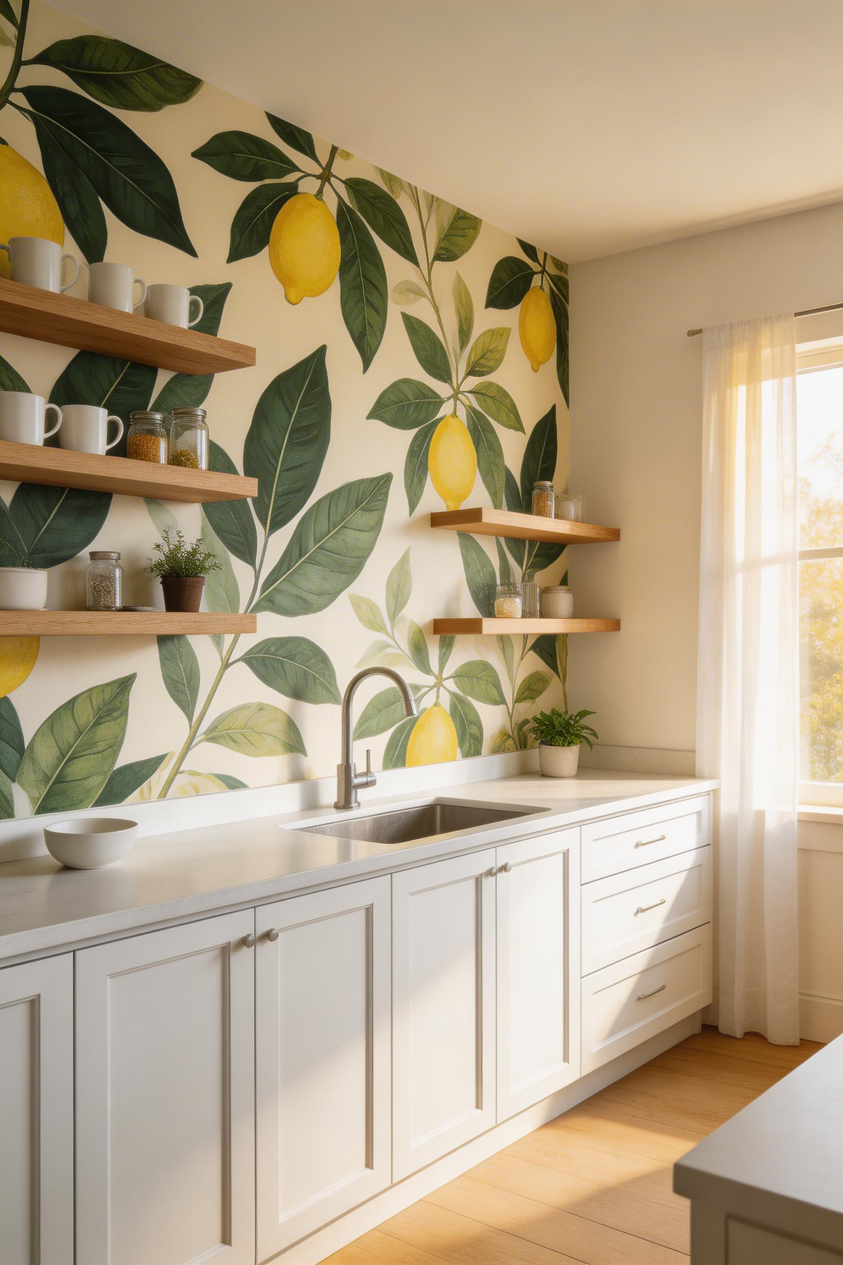 Oversized botanical wallpaper transforms a plain kitchen wall into a focal point — lemon branch and olive motifs feel at home in a cooking space in a way that purely decorative patterns never quite manage.