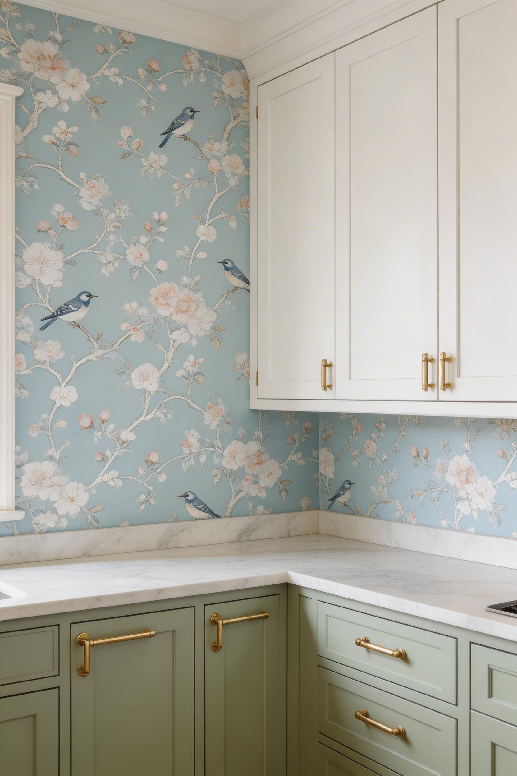 Blue and white chinoiserie wallpaper as a kitchen accent wall — the vertical composition of birds and branches draws the eye upward, adding perceived height while the sage cabinetry bridges wallpaper and room.
