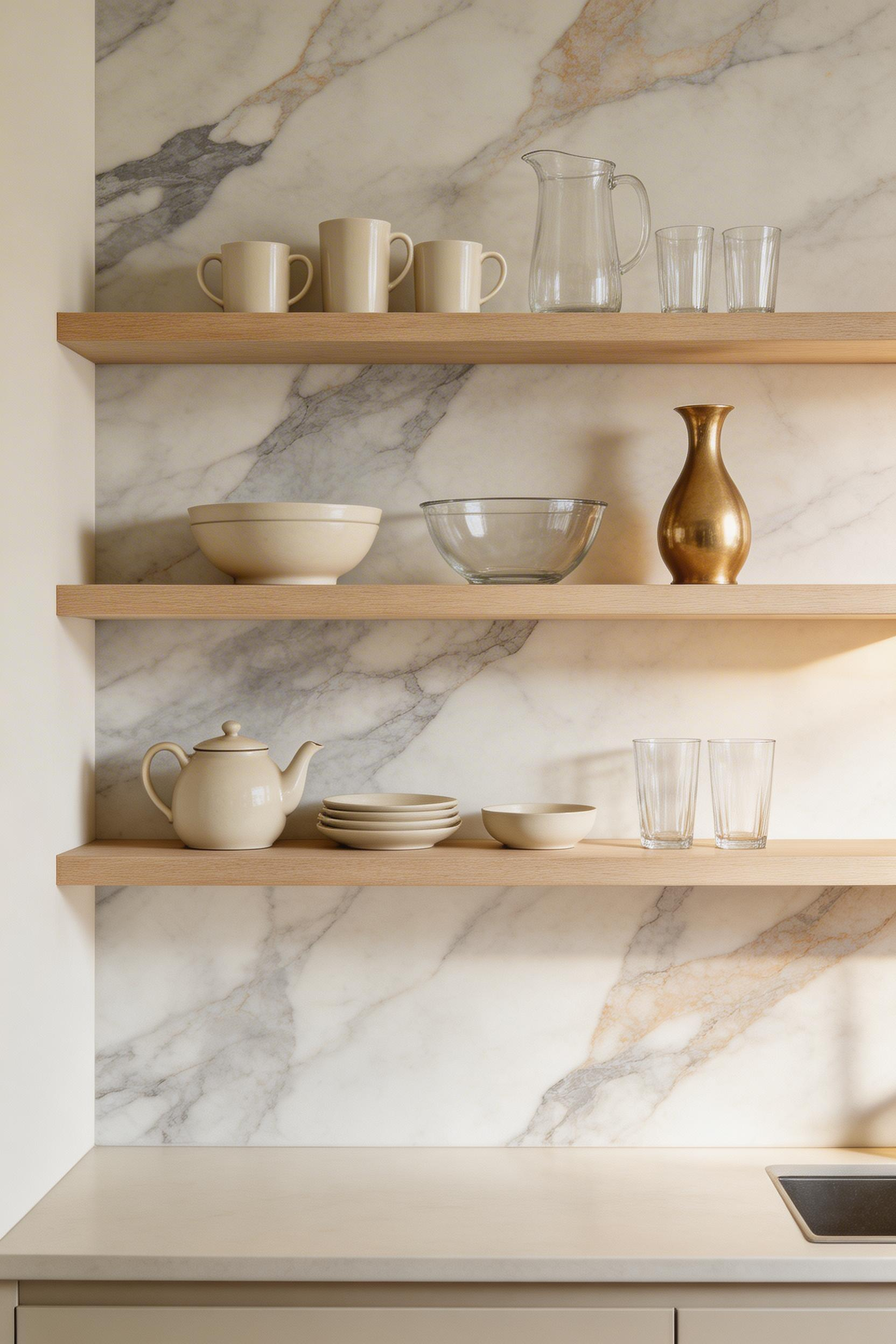Marble-effect kitchen wallpaper behind open shelving — partial views of the pattern through displayed objects are actually harder to identify as print than stone, making this a quietly convincing choice.