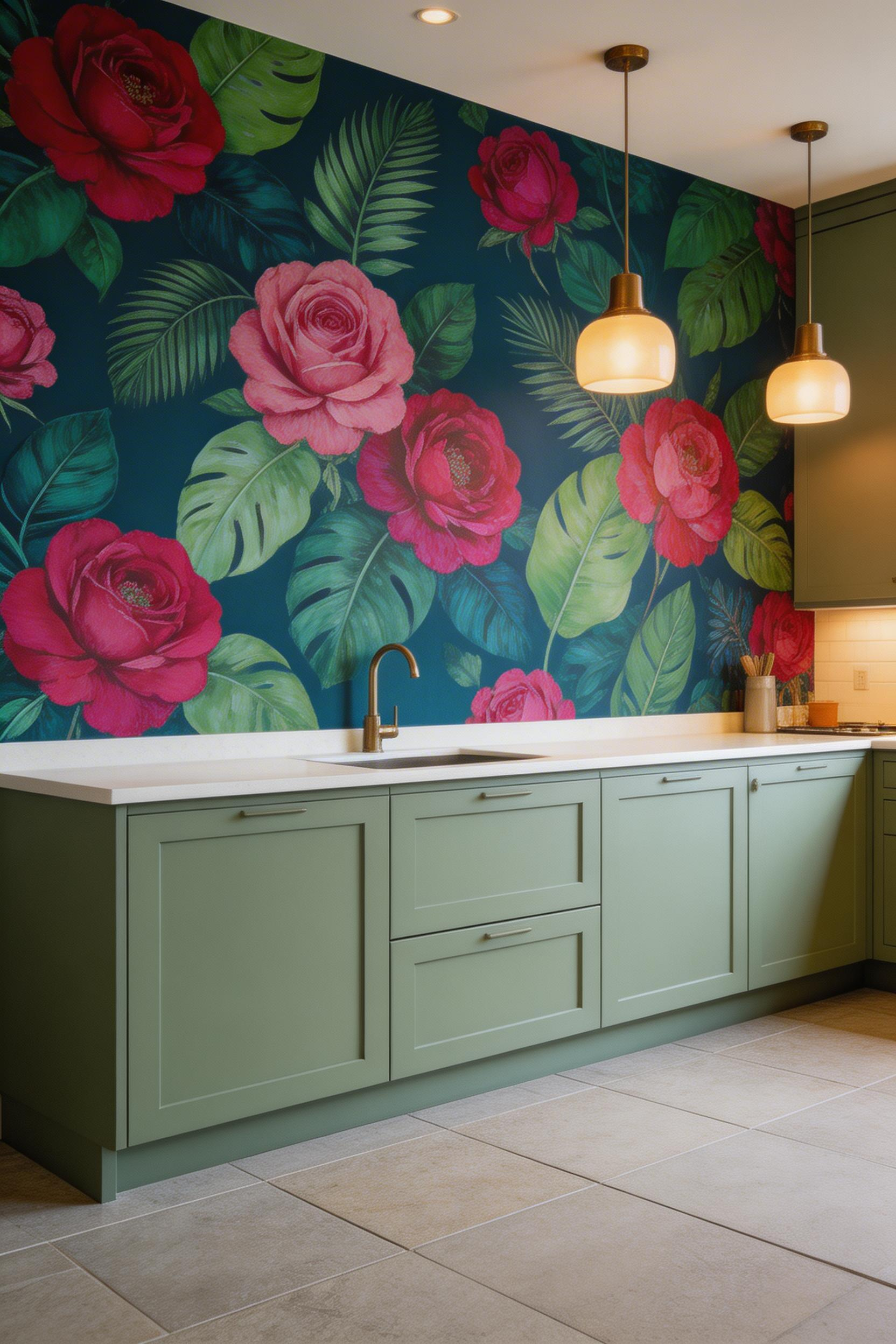 Jewel-toned bold floral kitchen wallpaper on a single feature wall — the peacock blue ground reads as rich and intentional against solid sage cabinetry and matte stone surfaces.
