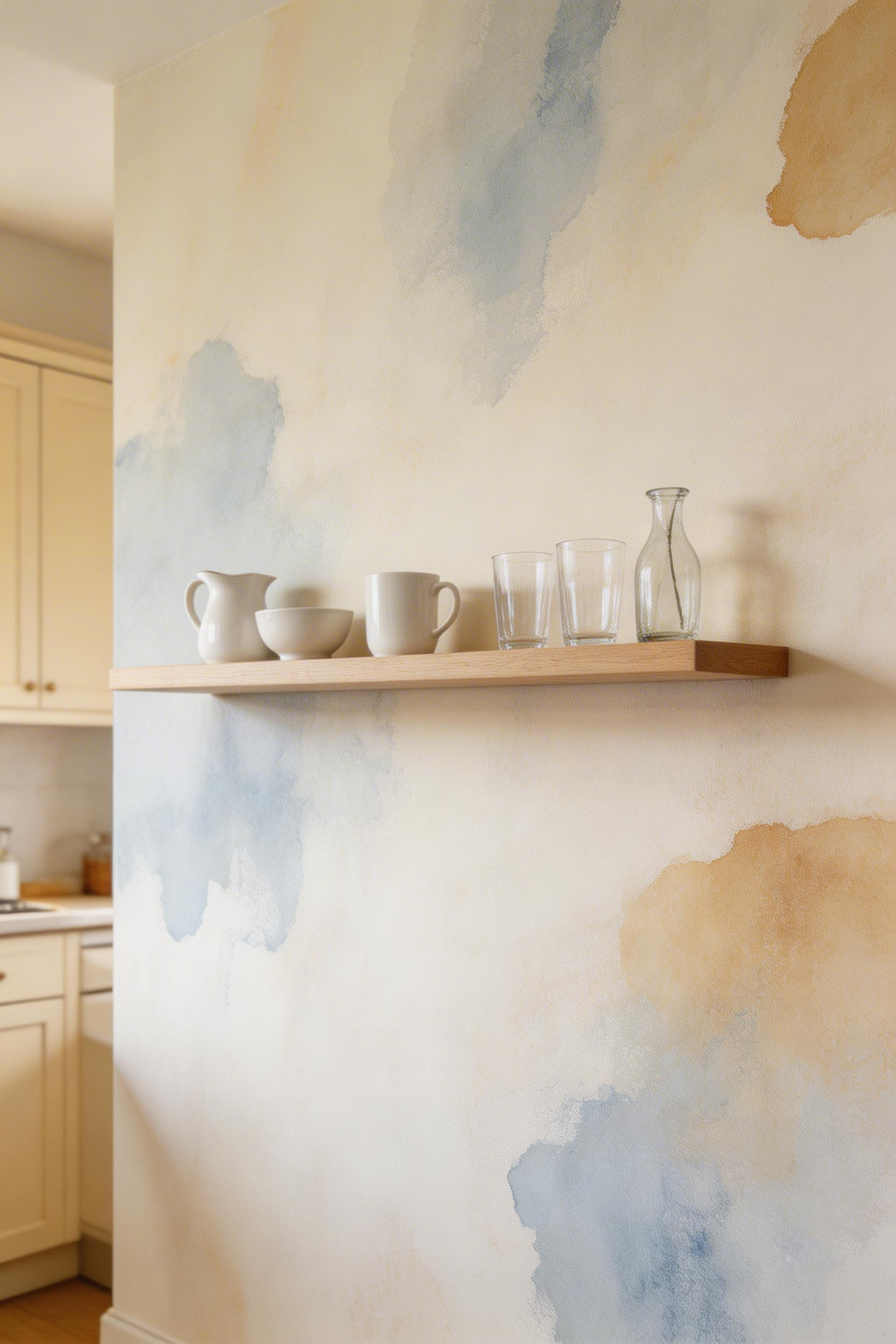Abstract watercolour kitchen wallpaper in dusty blue and ochre tones — the kitchen's solid material context grounds the abstraction in a way living rooms rarely can.