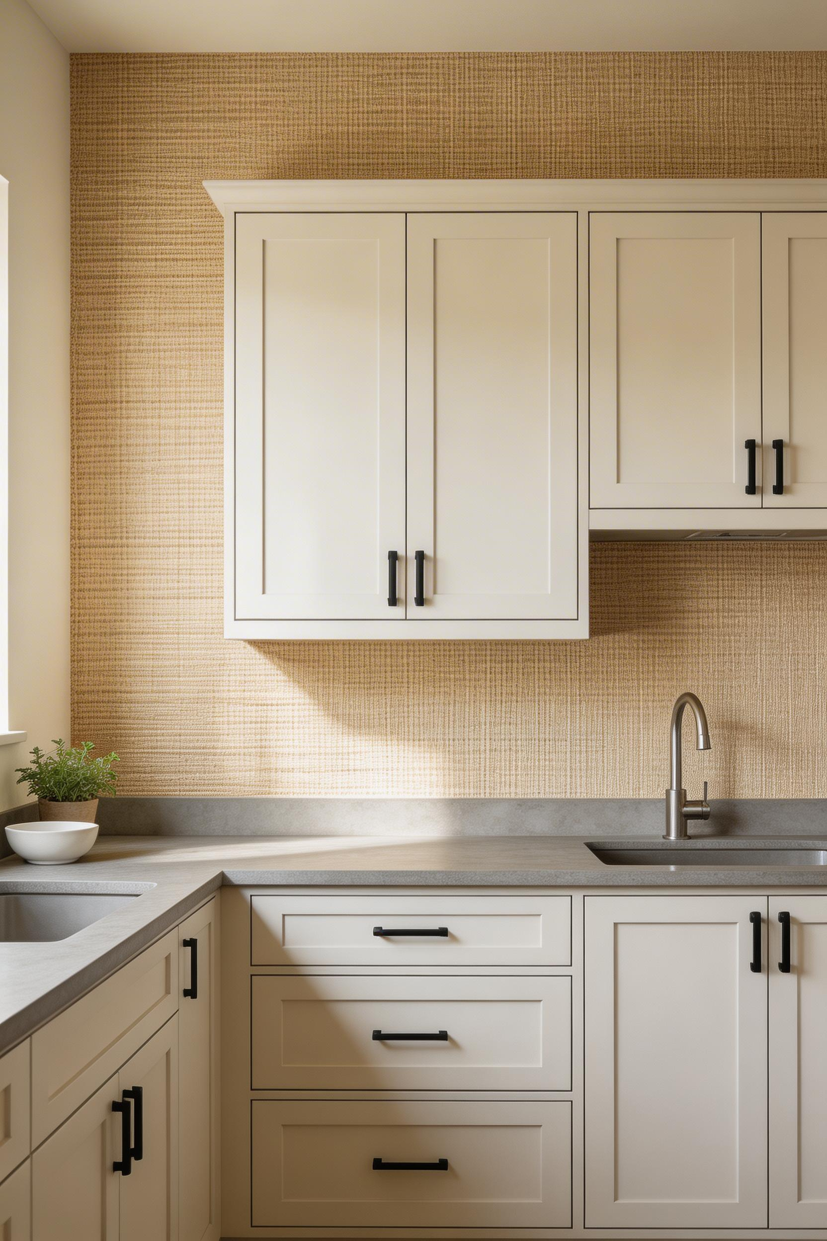 Faux grasscloth wallpaper brings the warmth and texture of natural woven material to a modern kitchen without the moisture vulnerability of the real thing.