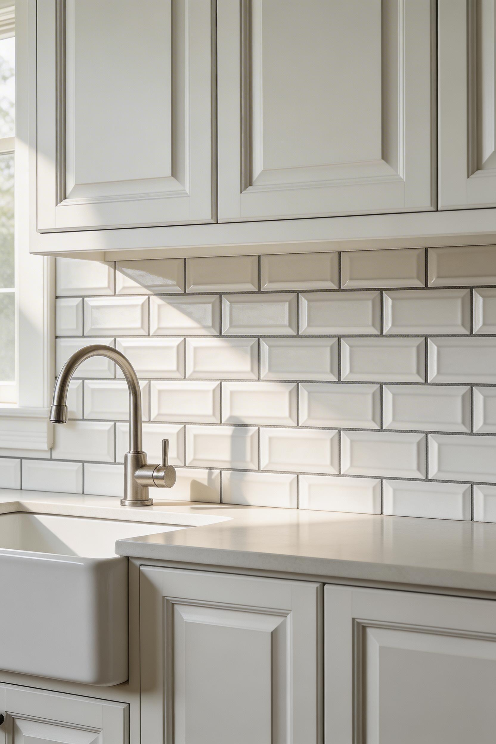 Embossed subway tile-pattern wallpaper — the physical surface relief catches light throughout the day in a way flat ceramic's glaze actually can't match in lower-light kitchen zones.
