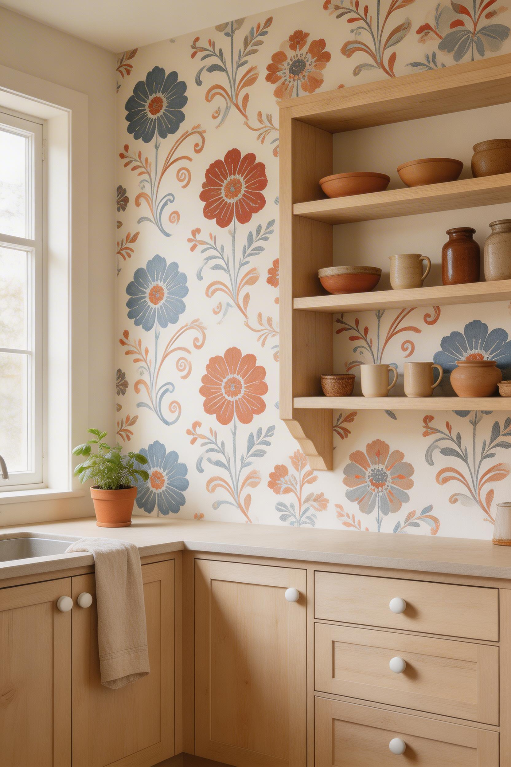 Scandinavian folk-motif kitchen wallpaper in dusty blue and terracotta on an off-white ground — the Kurbits-tradition styling feels genuinely Nordic, not generically pattern-book.