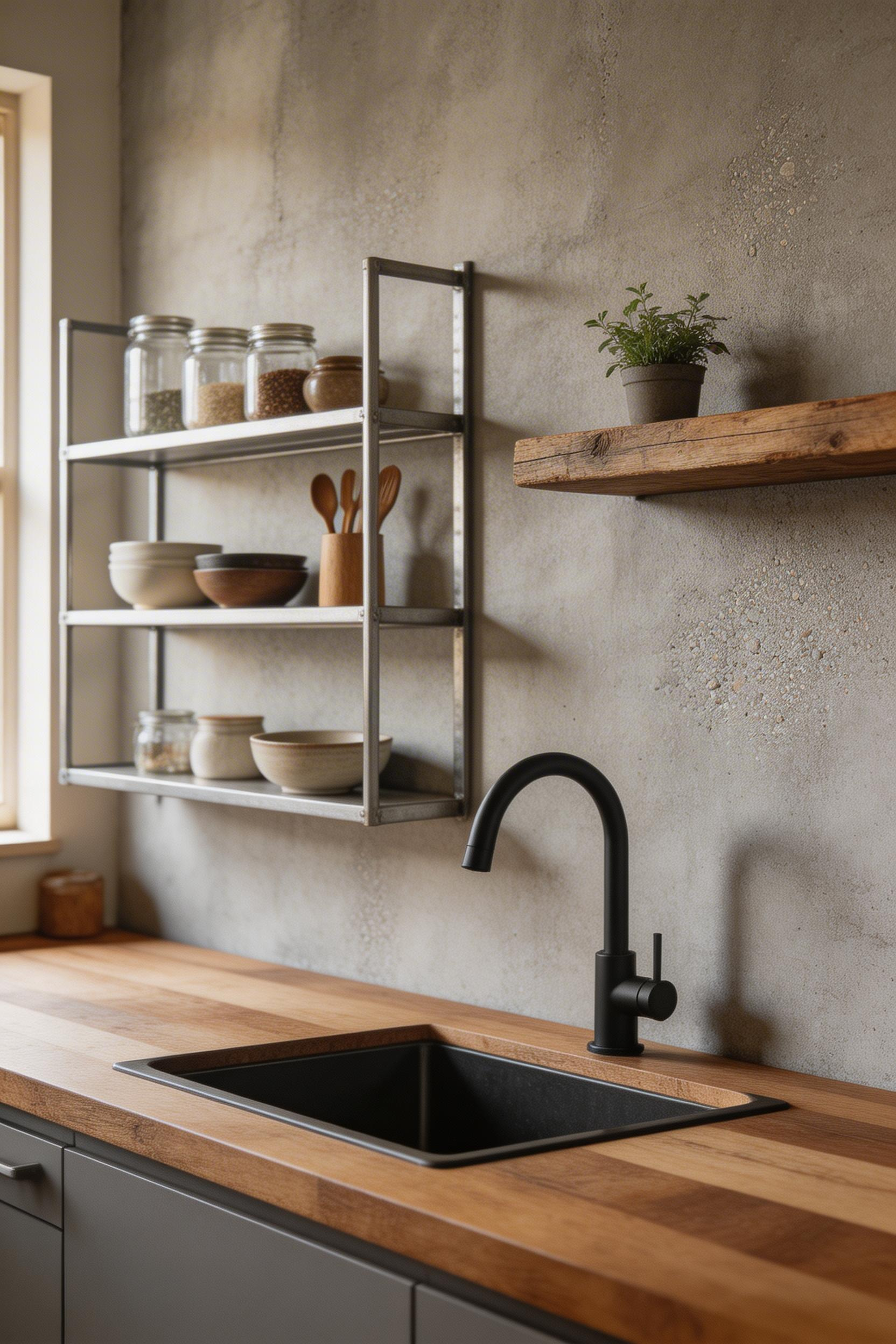 Concrete-effect kitchen wallpaper with realistic tonal variation — paired with raw steel shelving and reclaimed timber, this is the reference material combination for the industrial kitchen aesthetic.