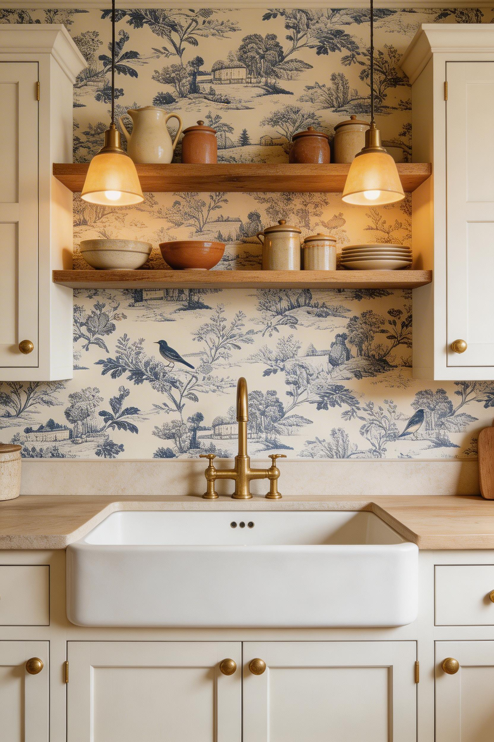 Navy and cream toile de Jouy brings French country character to a kitchen — the pastoral scenes connect to the room's purpose in a way that purely decorative patterns can't claim.