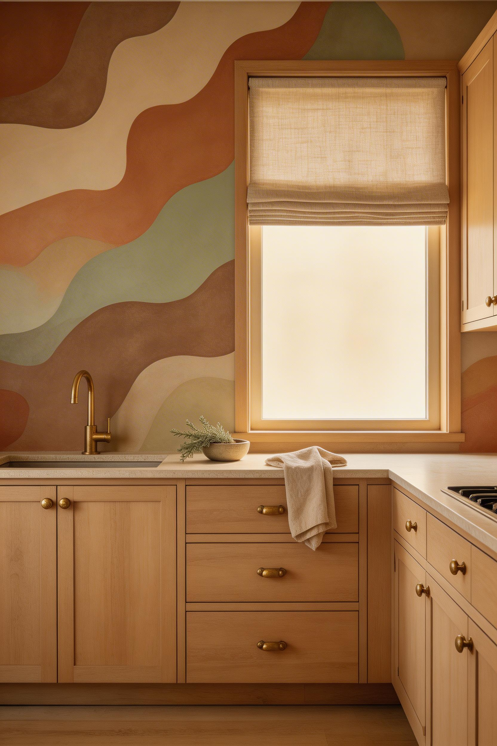 Modern kitchen wallpaper in earthy organic tones — terracotta and sage in flowing shapes ground the kitchen's busiest hours and interact beautifully with morning and evening light.