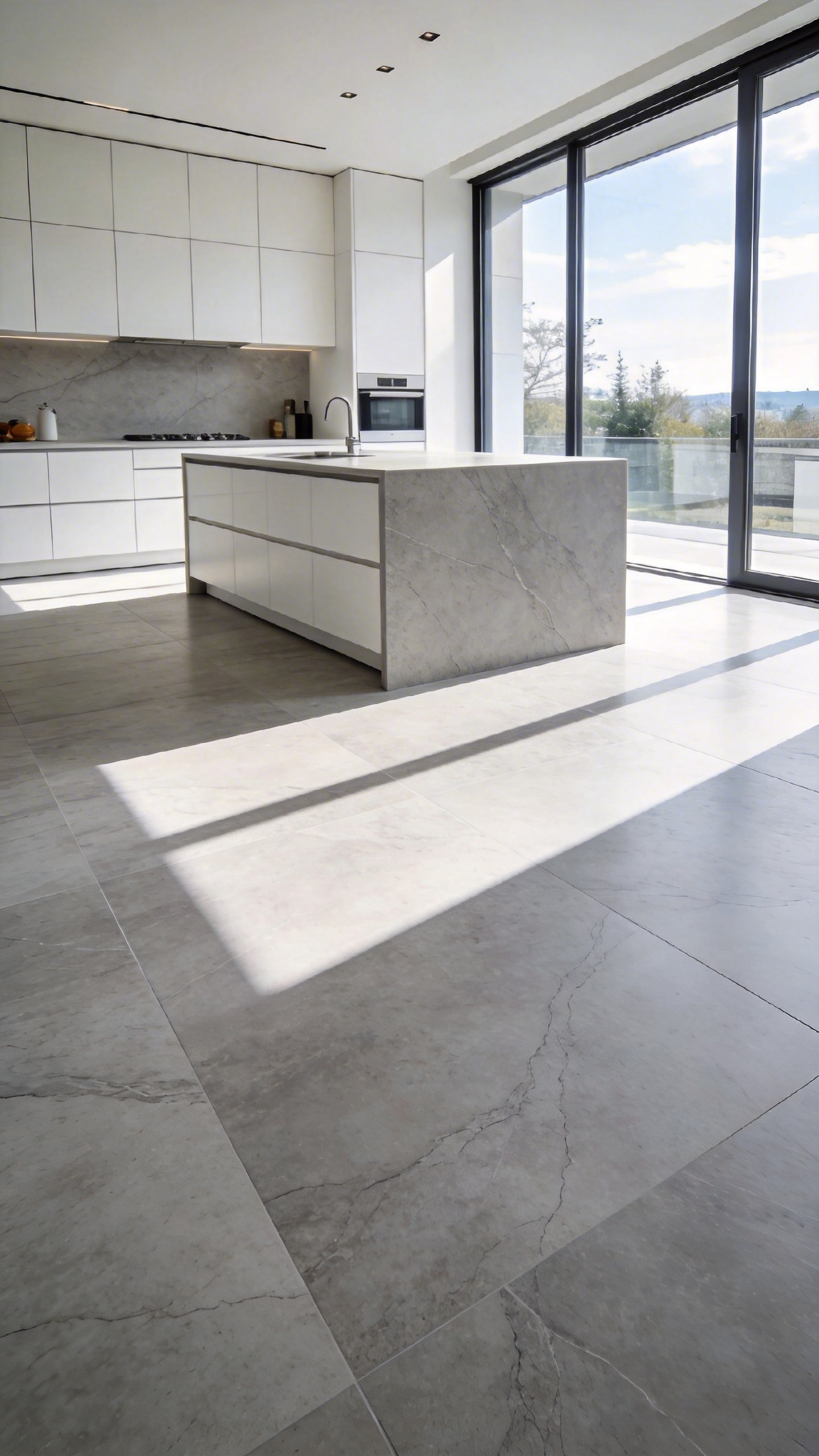 Large format ultra-compact sintered stone flooring in a bright modern kitchen with minimalist decor.