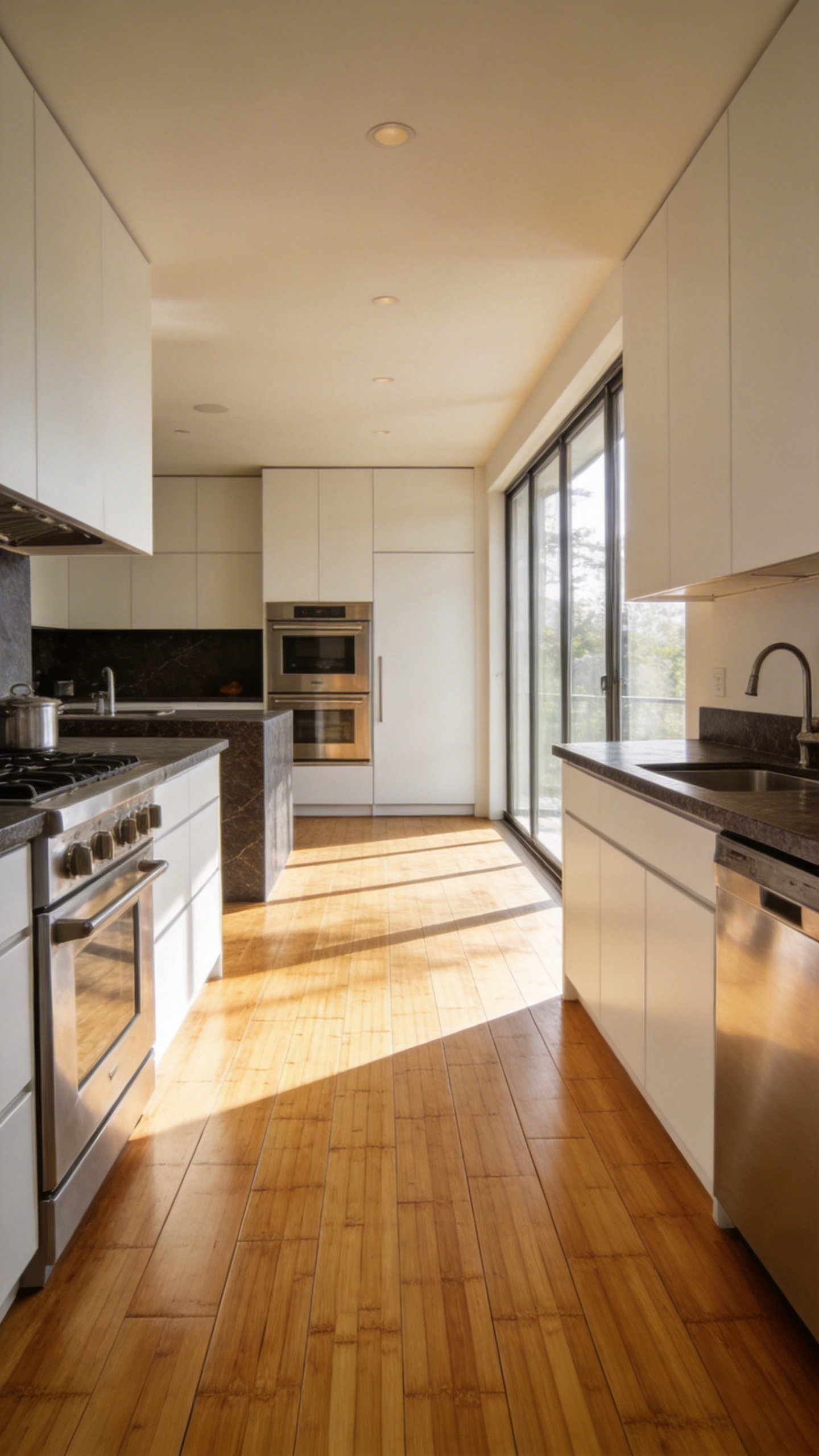 A modern kitchen featuring durable strand-woven bamboo flooring with a light honey finish and minimalist white cabinetry.