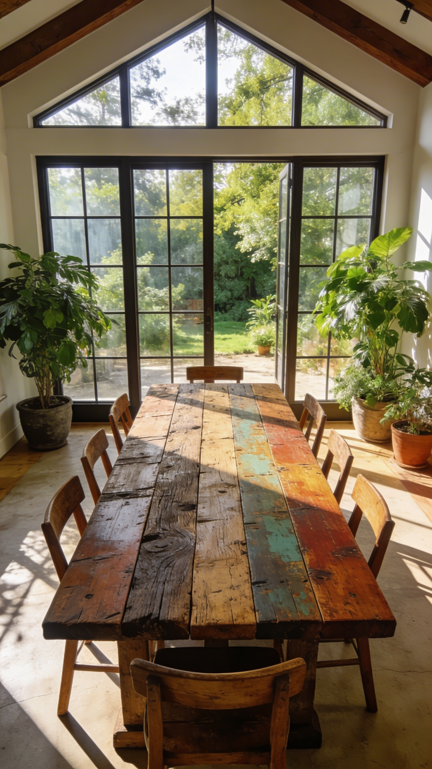 A sustainable farmhouse dining table made from salvaged reclaimed wood in a bright, modern dining room with large windows.