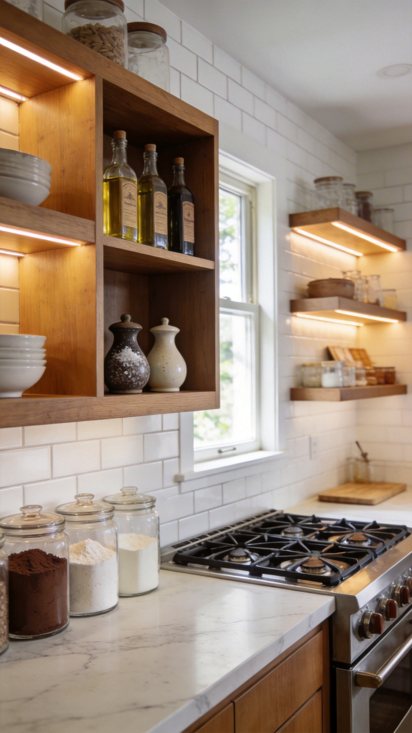 A professionally organized kitchen featuring zonal grouping on wall-mounted storage shelves with dedicated areas for cooking oils and baking ingredients.