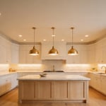 A layered kitchen lighting system combining pendant lights, under-cabinet strips, and recessed ambient fixtures for complete illumination and design depth.