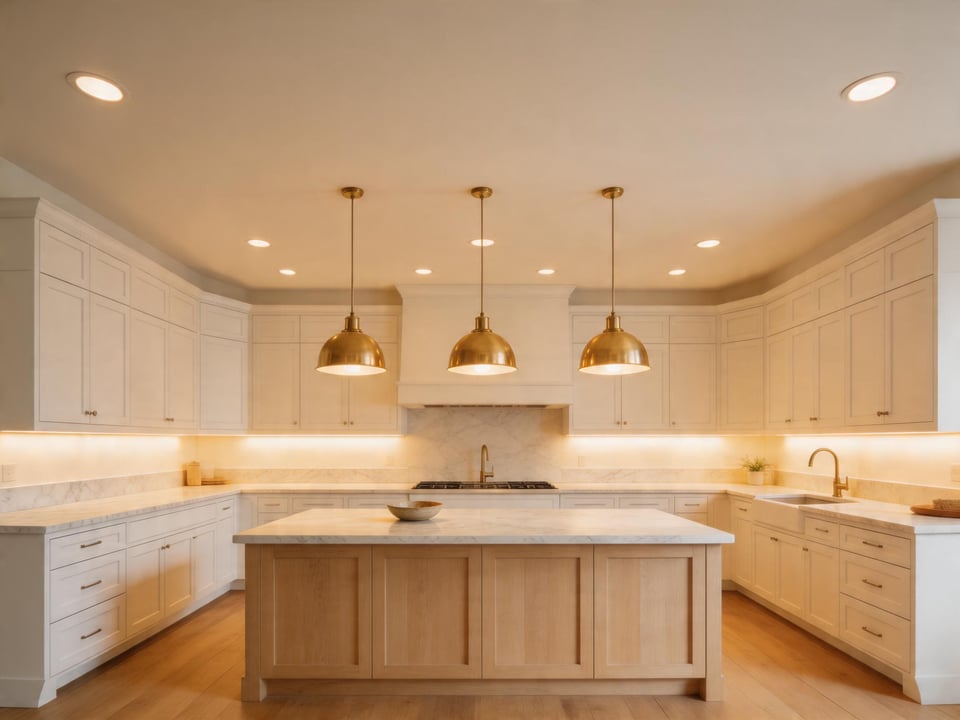 A layered kitchen lighting system combining pendant lights, under-cabinet strips, and recessed ambient fixtures for complete illumination and design depth.