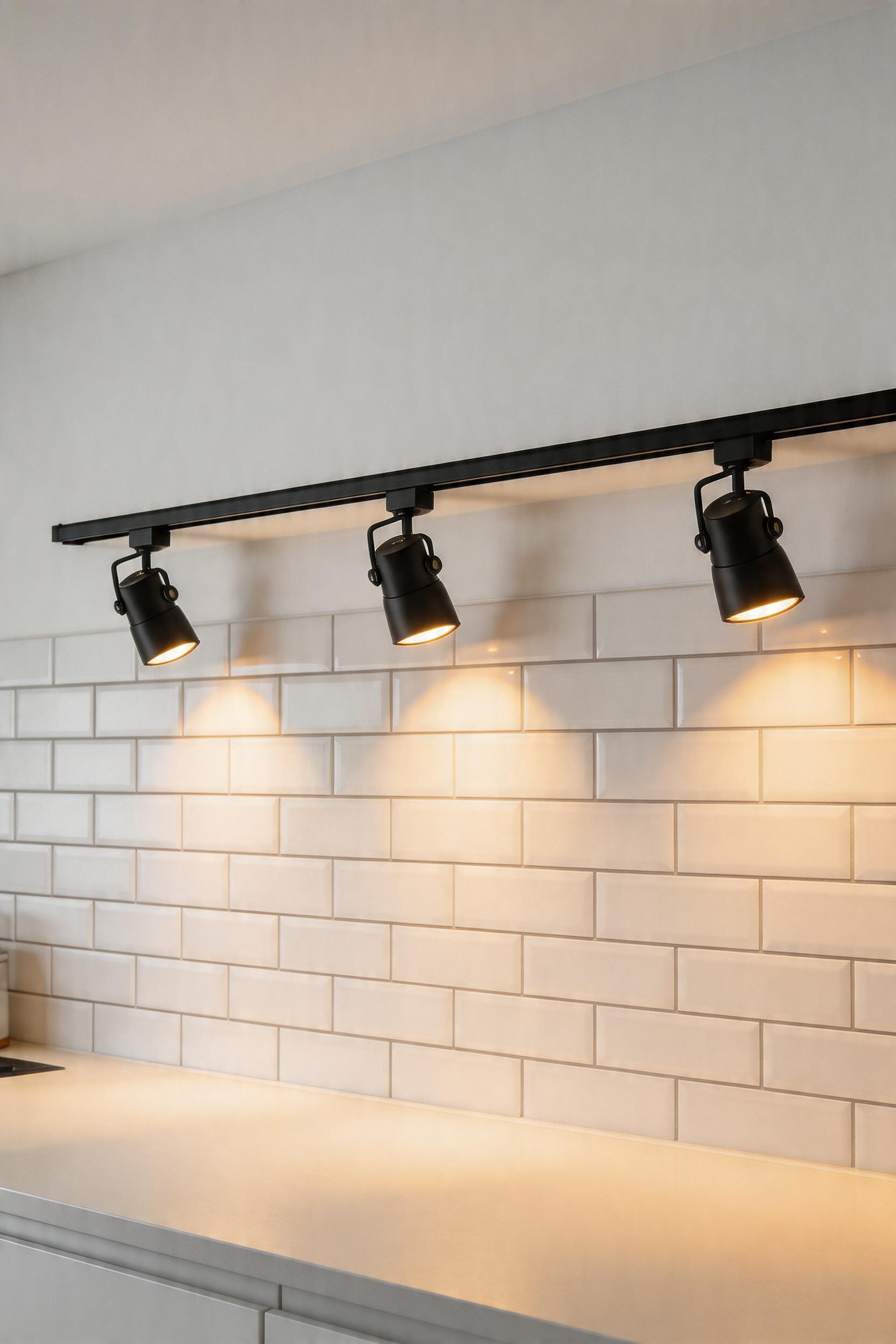 Adjustable track lighting heads directing light to multiple kitchen zones.