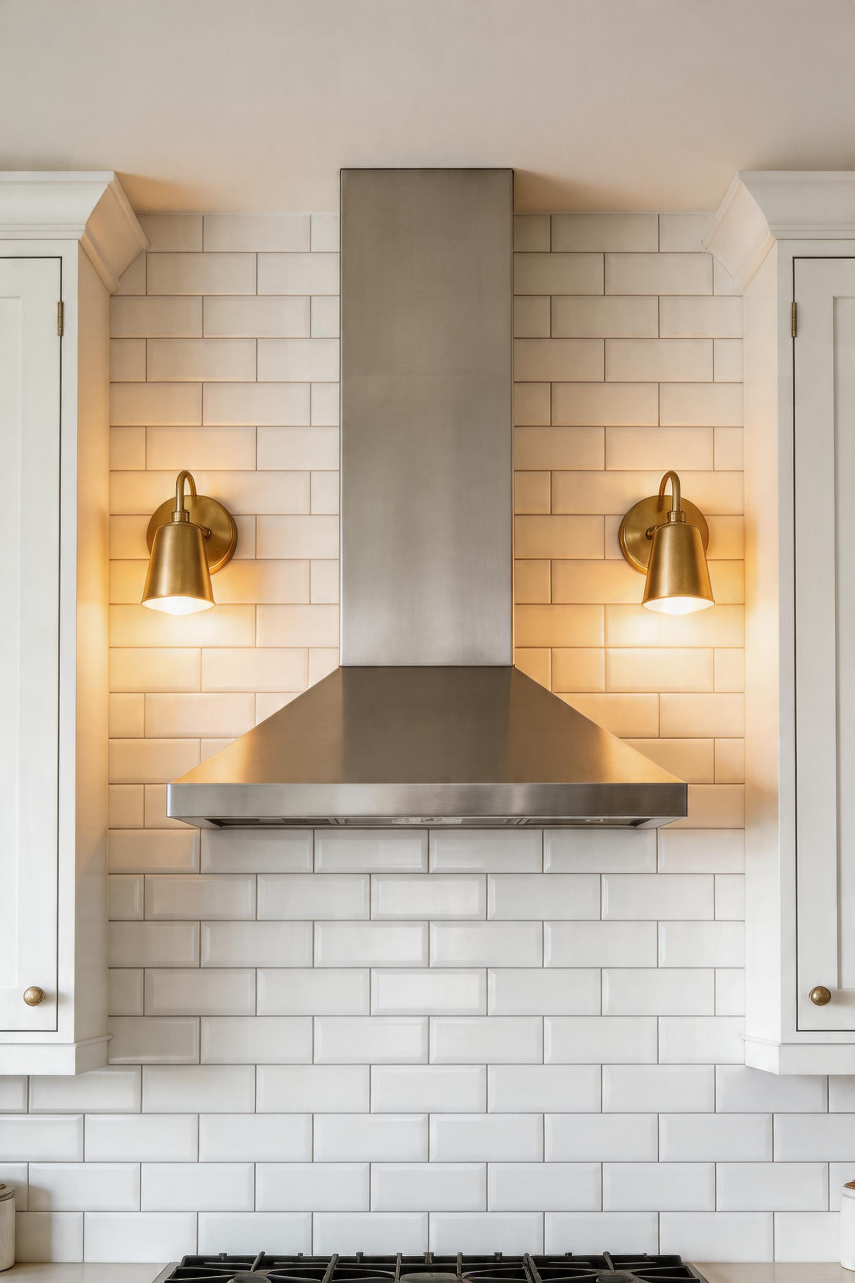 Two wall sconces flanking a range hood for layered supplementary light and shadow elimination.