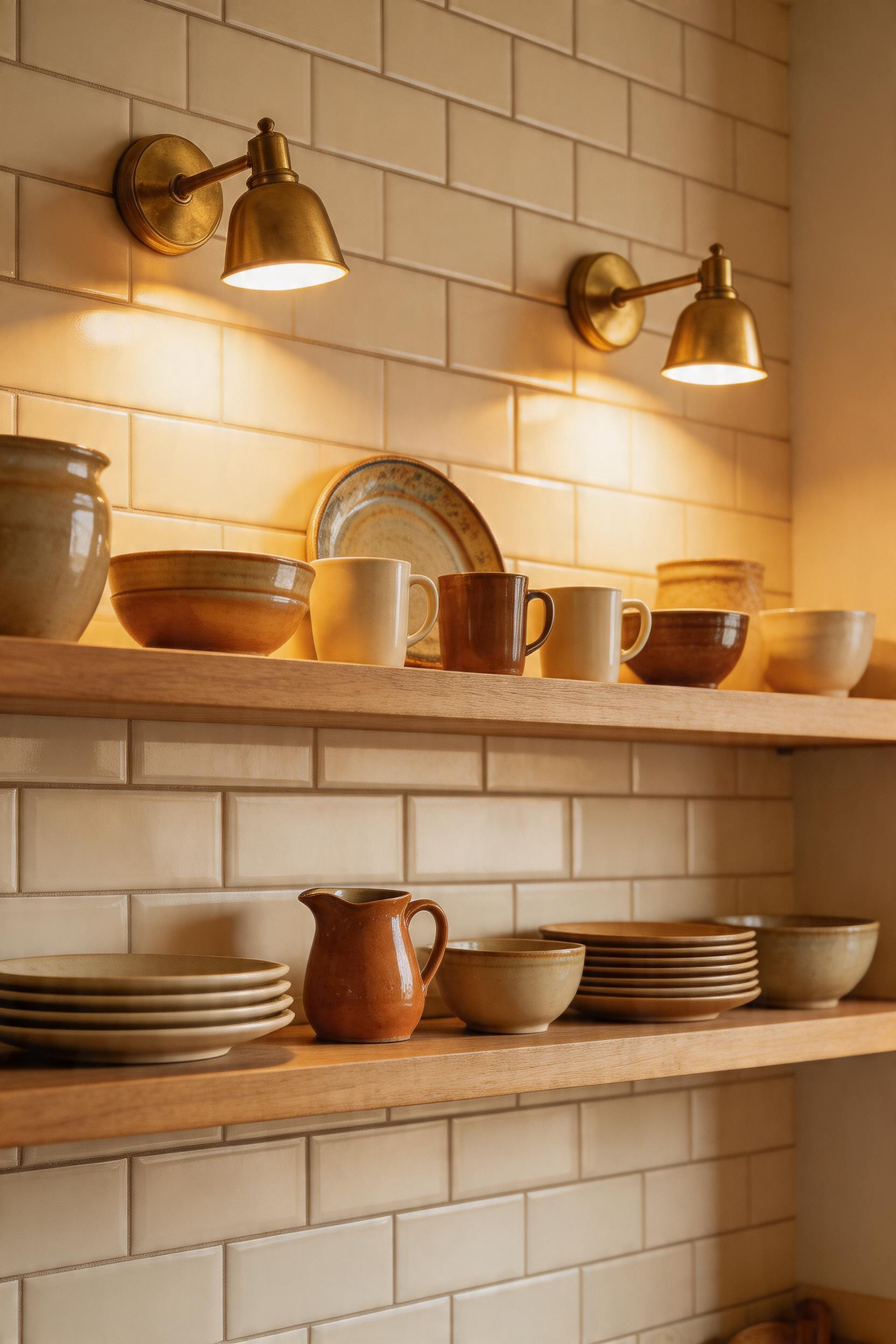 Picture lights mounted above open shelving directing accent light onto displayed kitchen items.