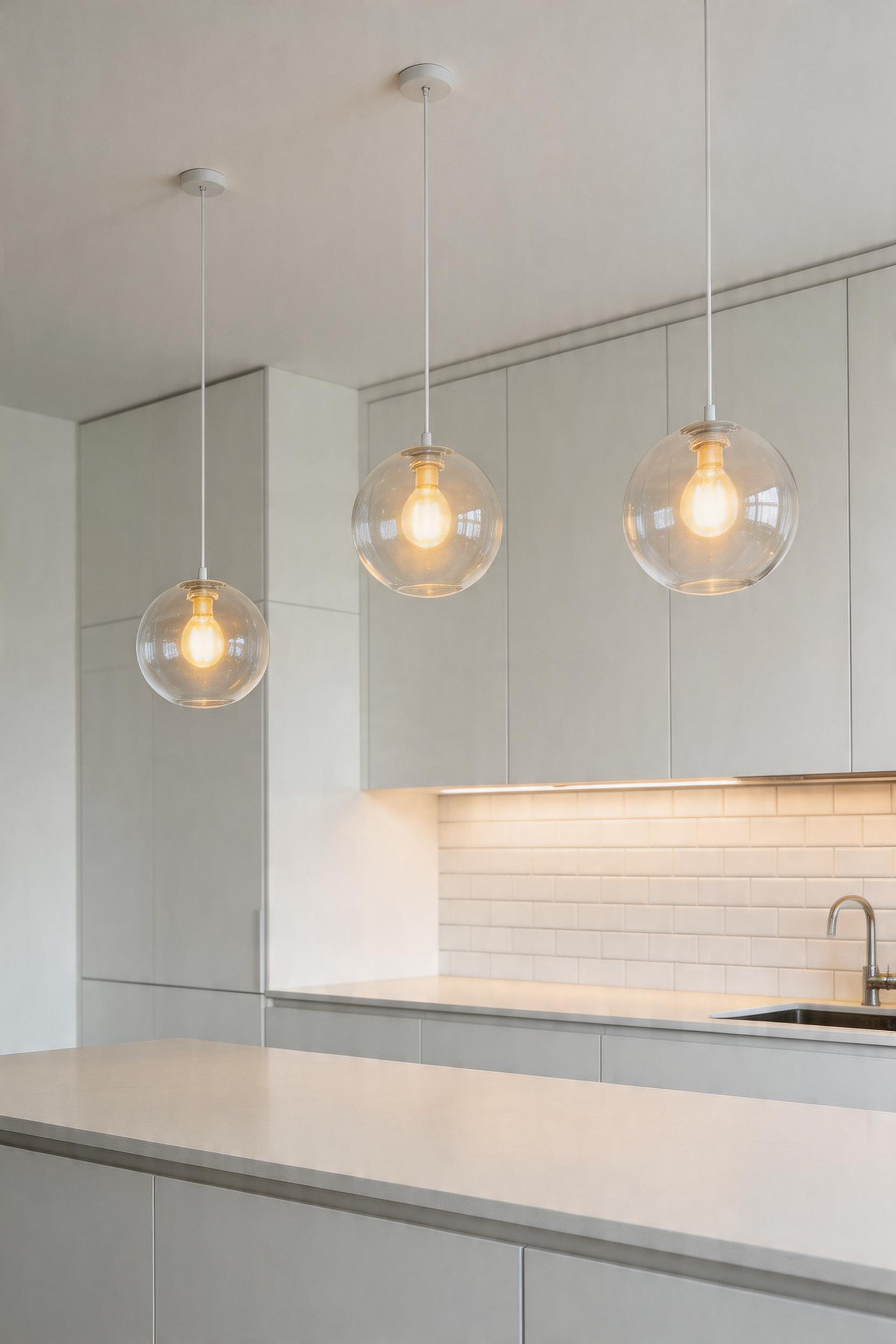 Three borosilicate glass globe pendants at varying heights creating a composed cluster over a long kitchen island.