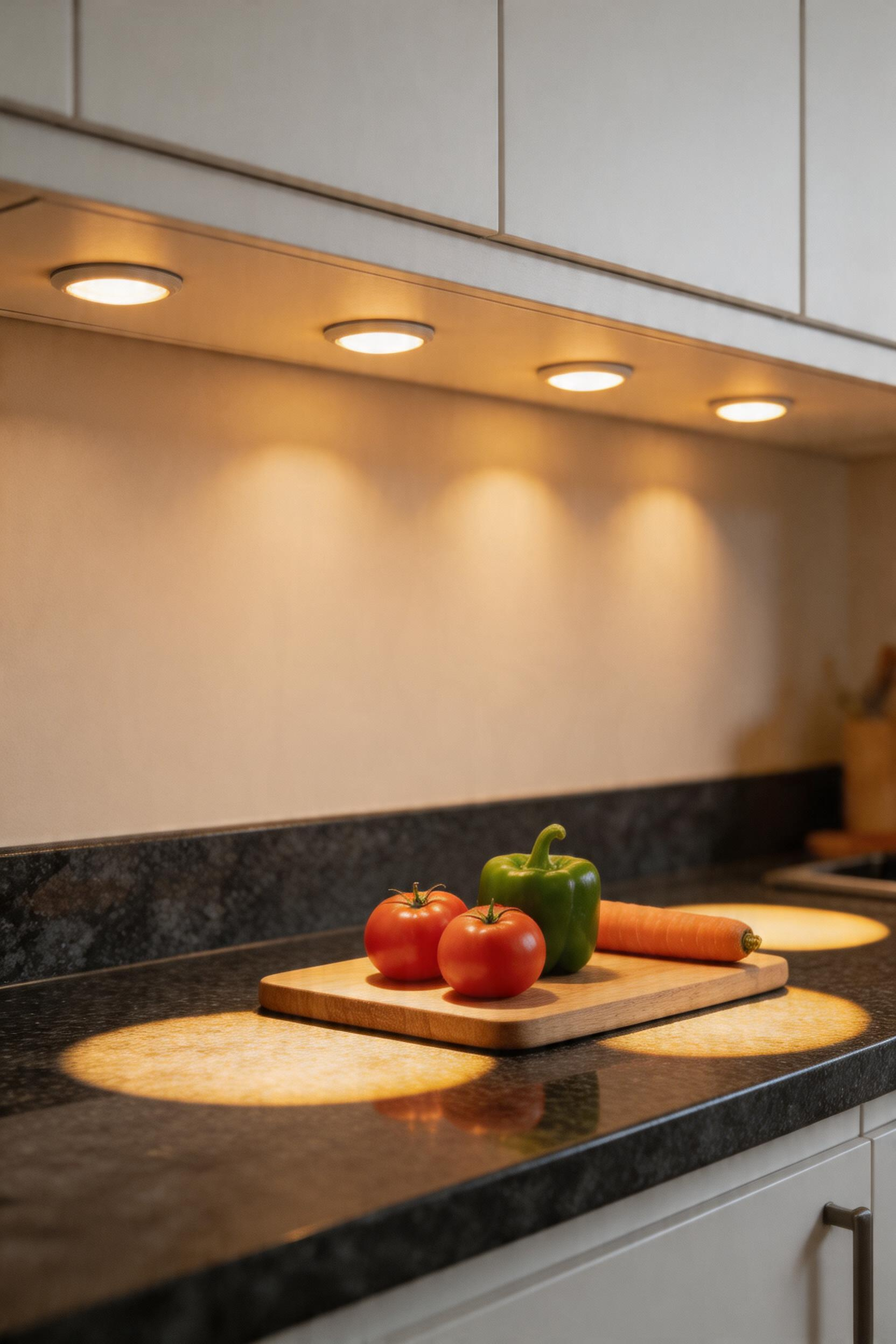 Four evenly spaced puck lights creating overlapping pools of light across a kitchen countertop.
