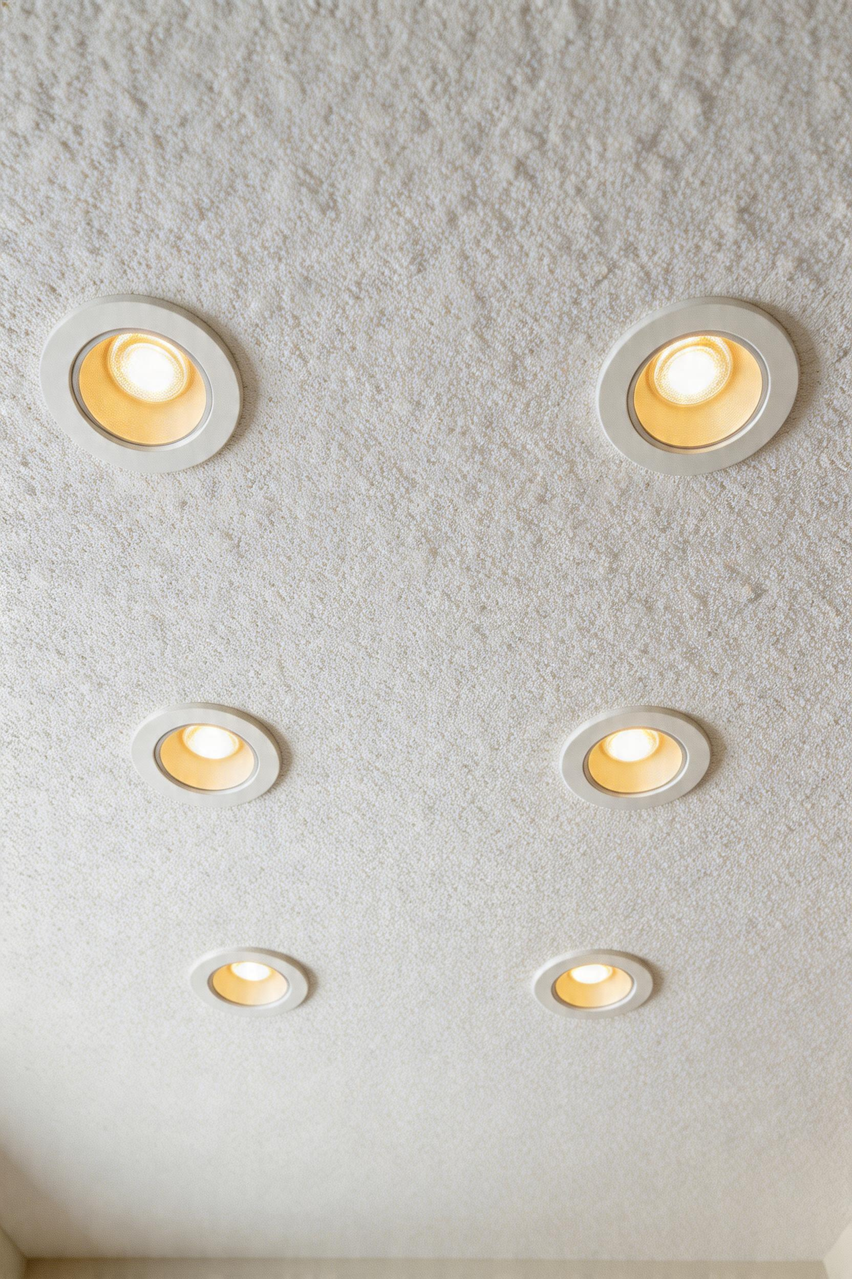 Six recessed can lights properly spaced for shadow-free kitchen ambient lighting.
