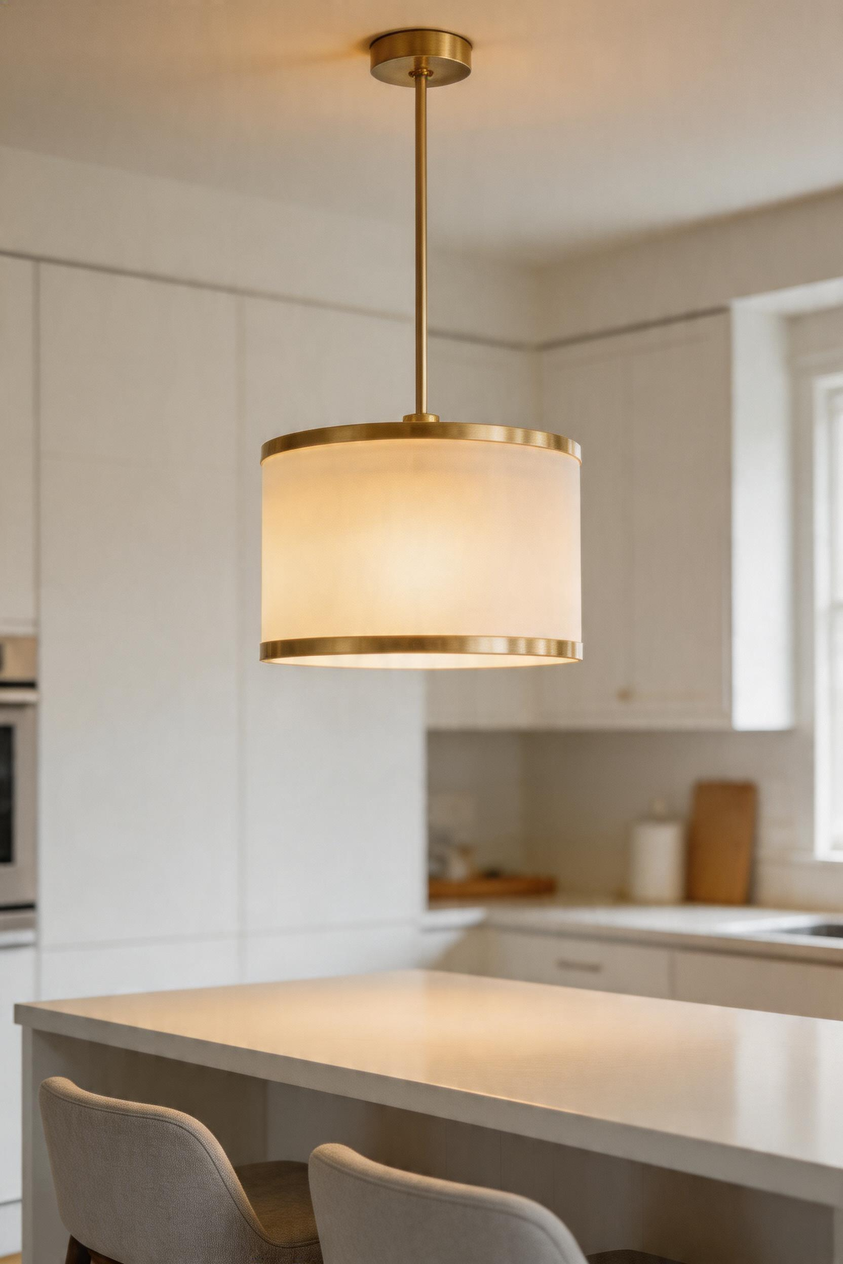 A frosted glass drum shade pendant providing soft, diffused light over a kitchen breakfast bar.