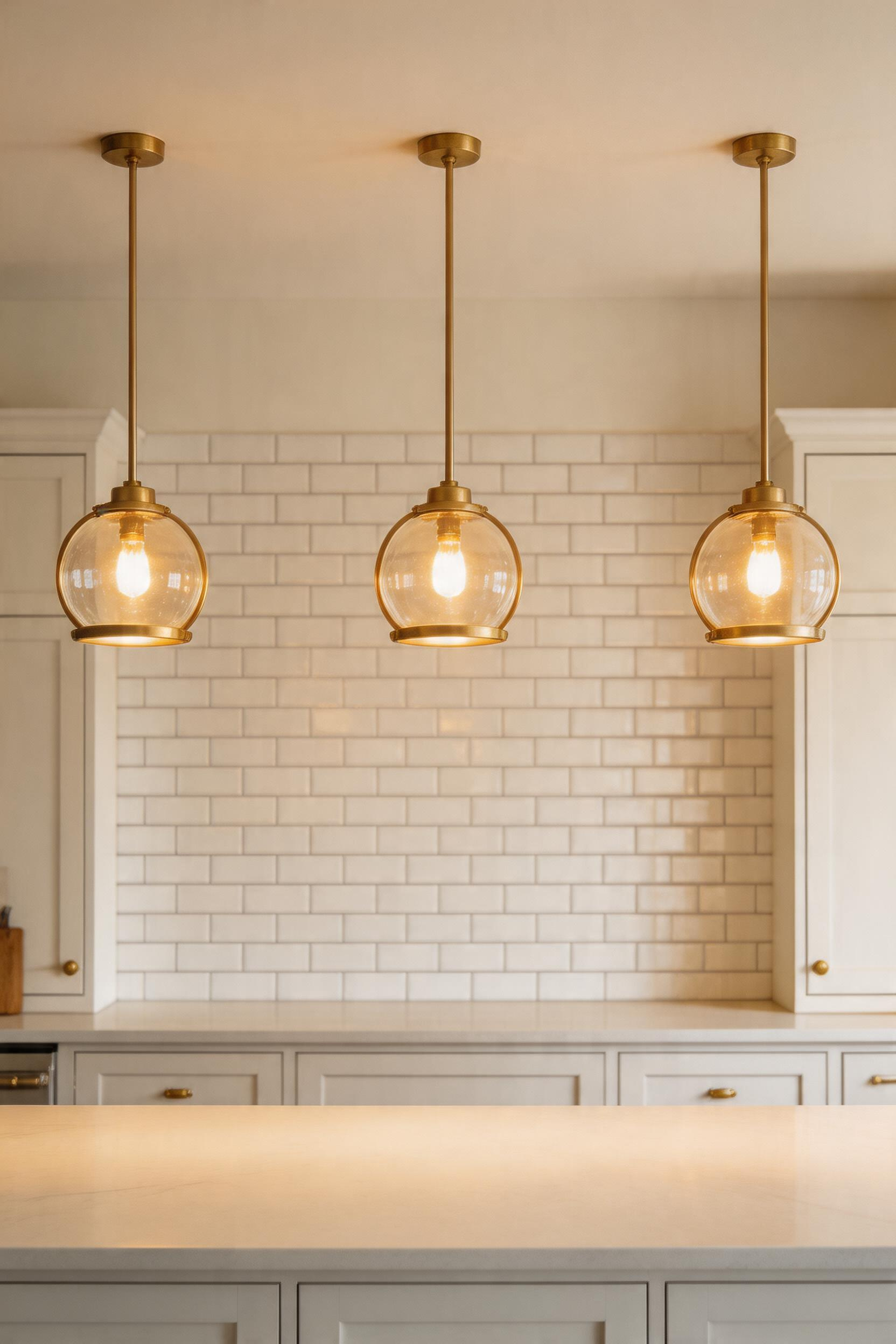 Three brass globe pendants properly spaced and dropped over a kitchen island for balanced visual and functional lighting.