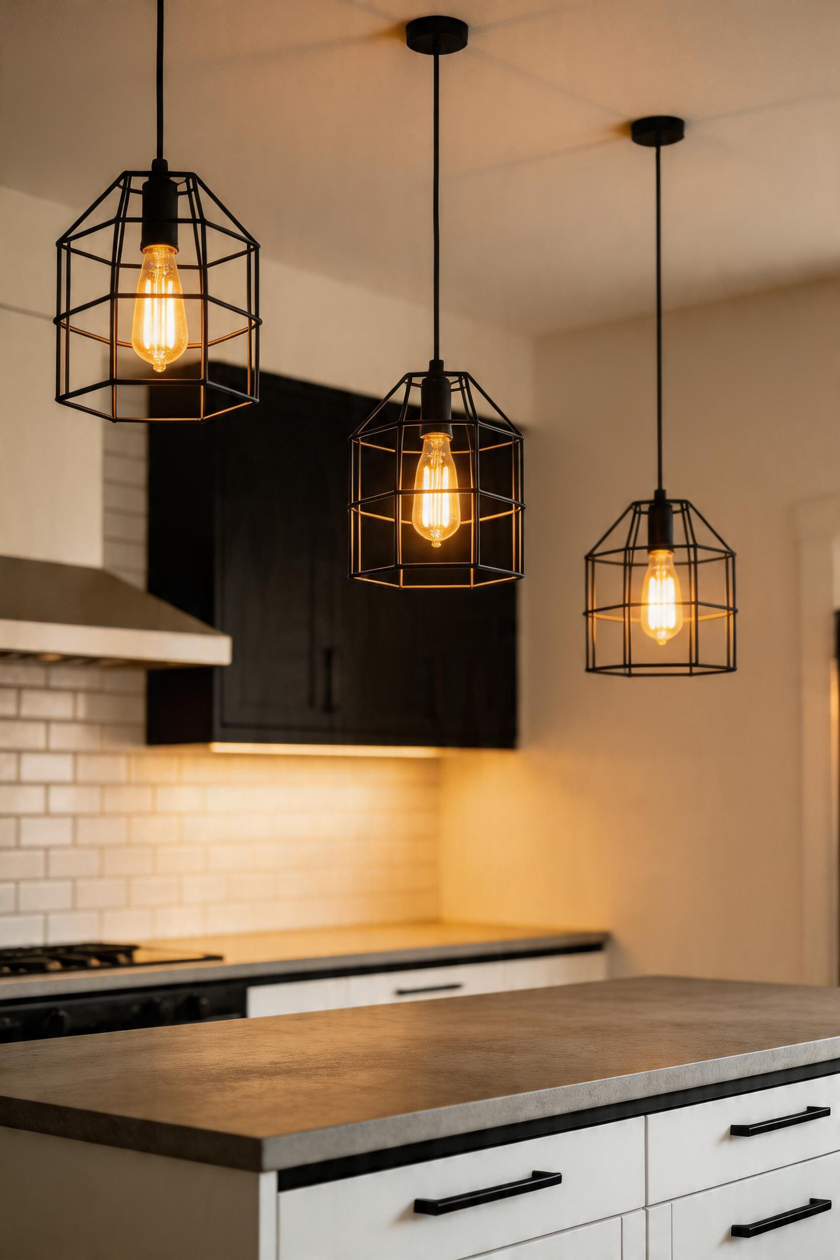 Three industrial cage pendants at varying heights creating sculptural visual interest over the kitchen island.