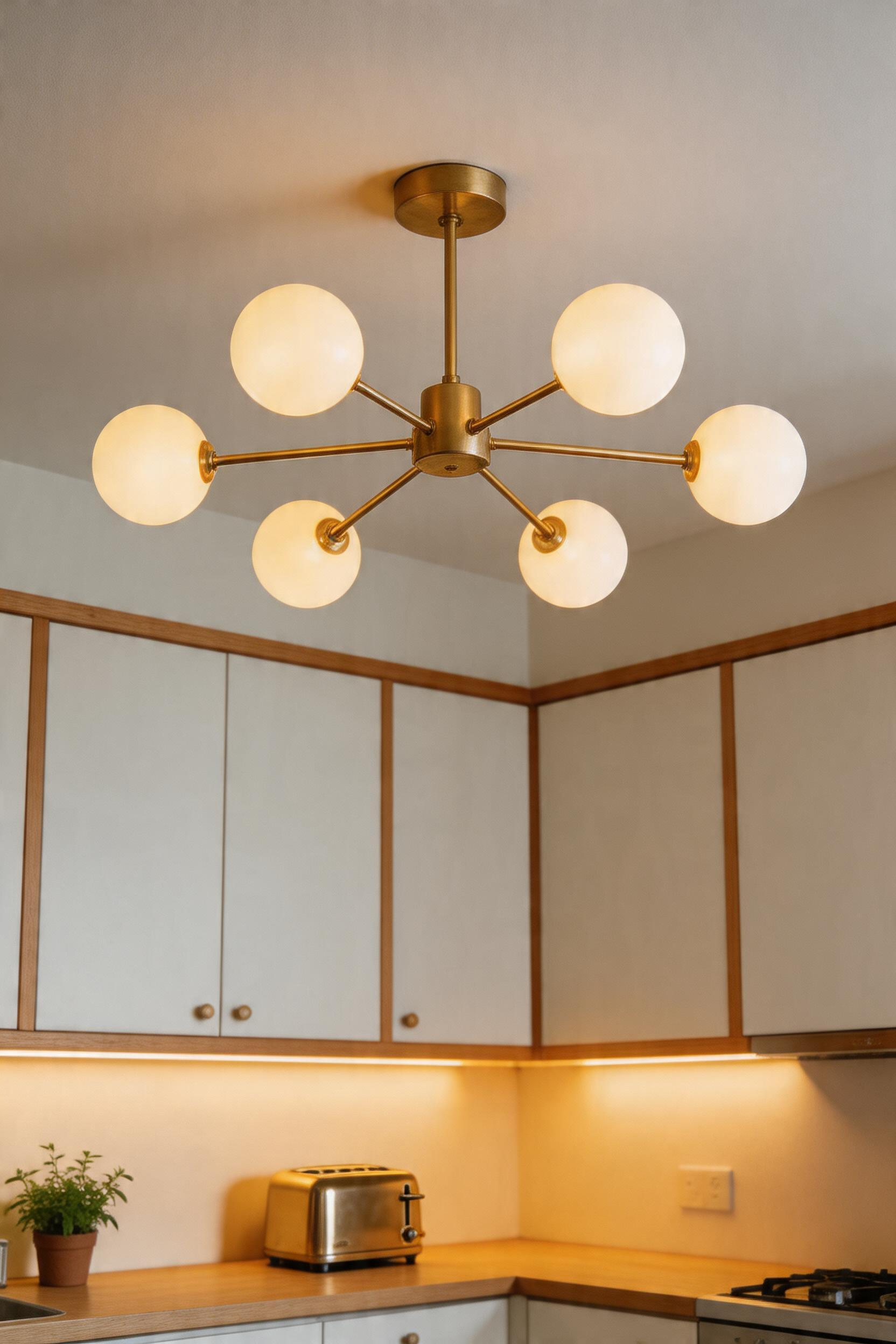 A semi-flush fixture dropping slightly below the ceiling for visual interest without full pendant clearance requirements.