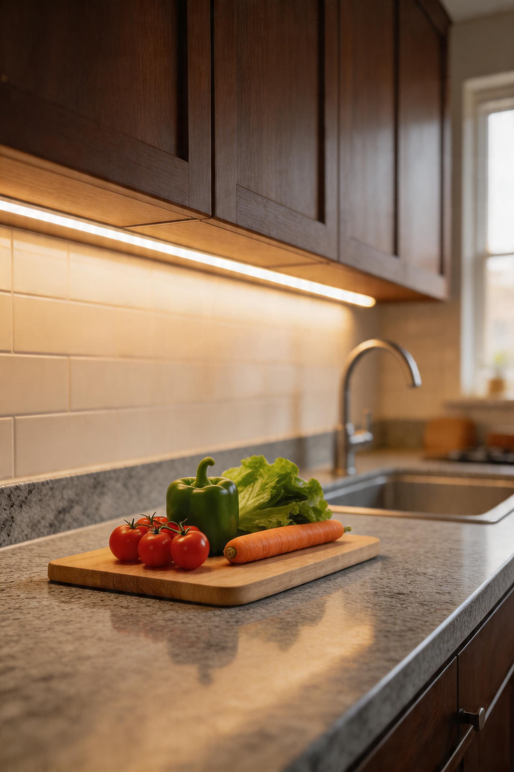 Under-cabinet LED strip lighting eliminating shadows on the countertop during food prep work.