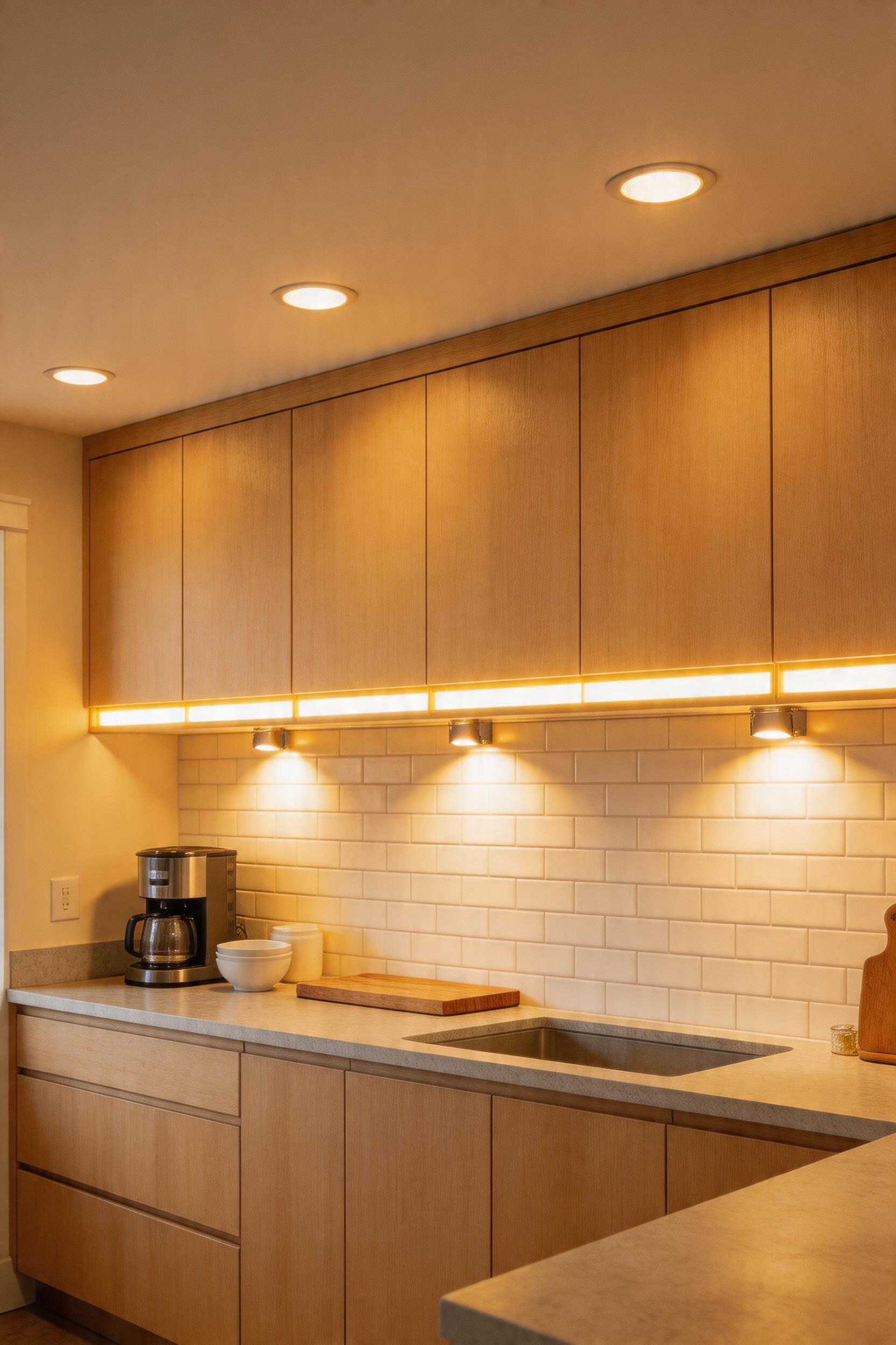 A complete three-layer kitchen lighting system combining ambient, task, and accent fixtures for maximum depth and functionality.