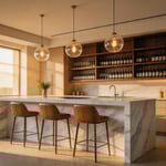 The kitchen bar is the room within a room — a material decision that transforms the island from a prep surface into the social centre of the home.
