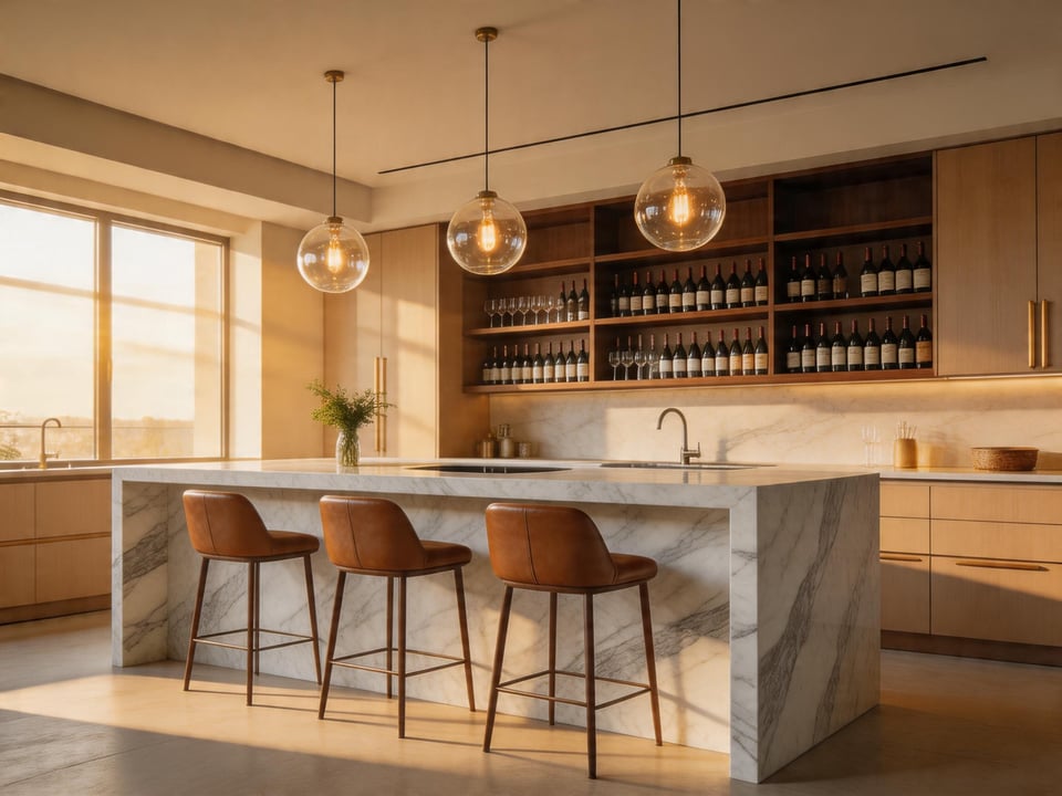 The kitchen bar is the room within a room — a material decision that transforms the island from a prep surface into the social centre of the home.
