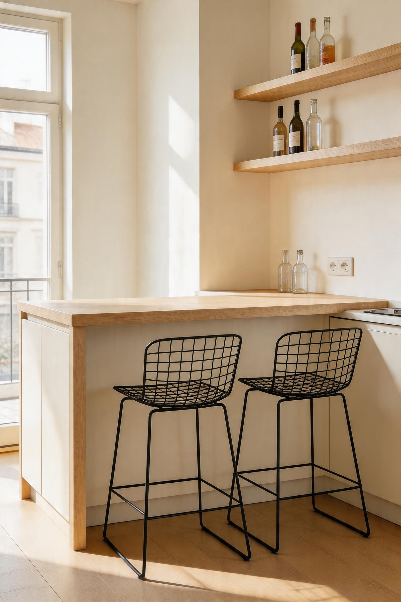 A peninsula kitchen bar is the most space-efficient configuration — attached on one end, it delivers full bar function without consuming precious floor space on all sides.
