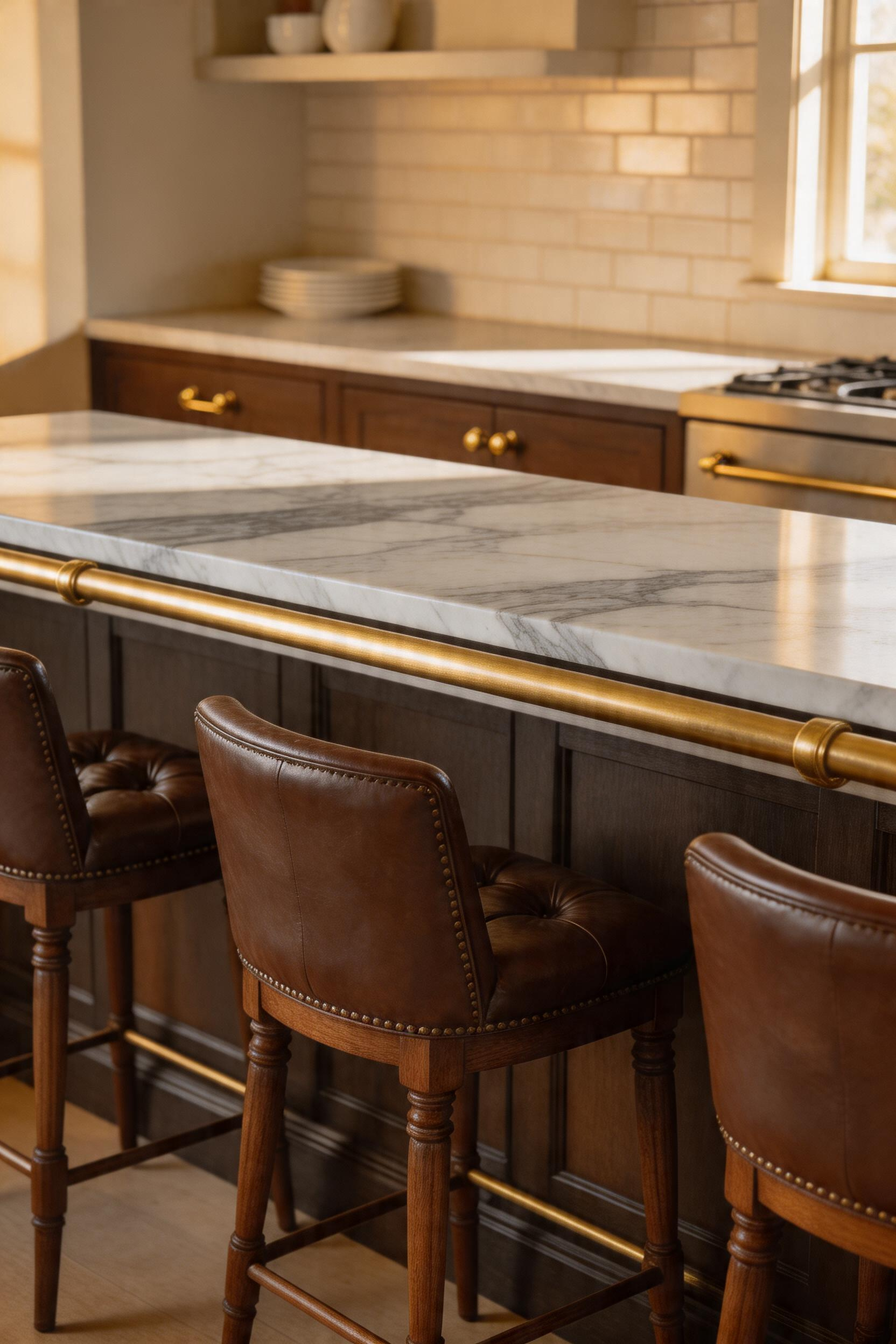 A marble kitchen bar with unlacquered brass hardware creates a material palette that ages together — both surfaces develop patina that feels coherent rather than worn.