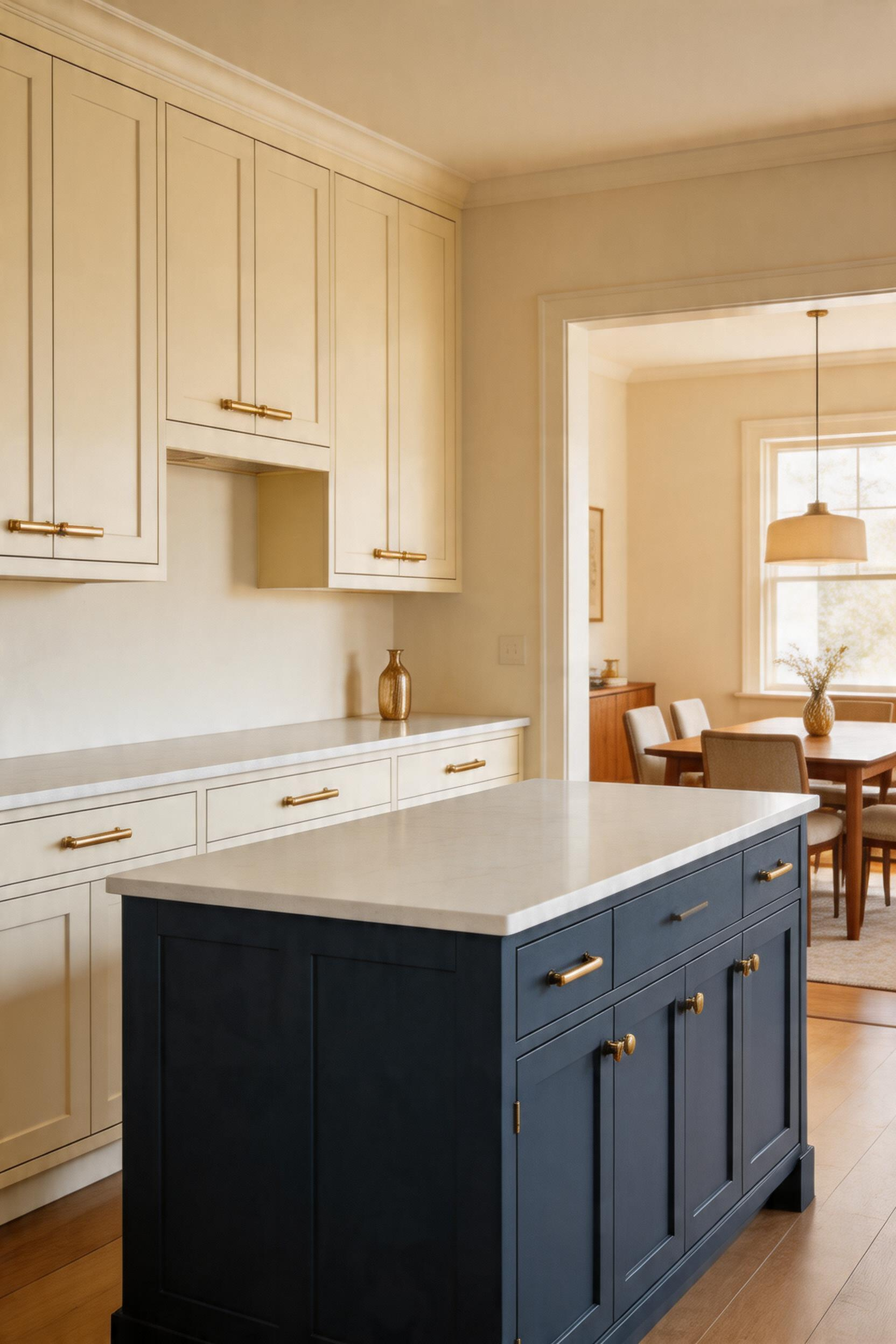 Two-tone cabinetry makes the kitchen bar island read as its own piece of furniture — the colour contrast is what signals to guests that this is where they should sit.