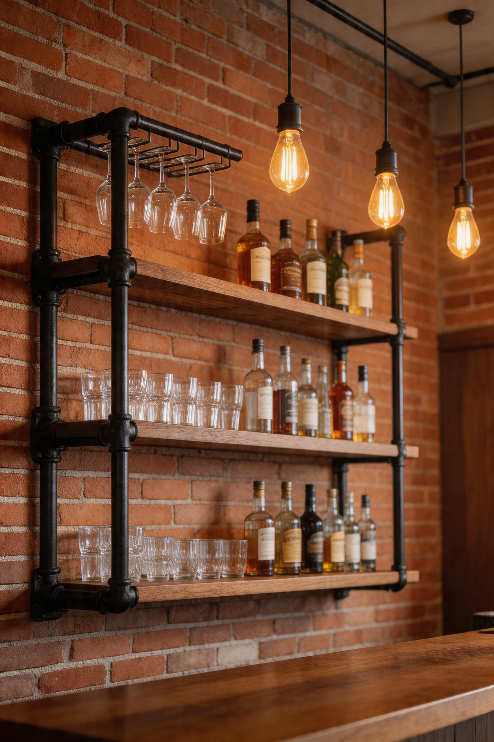 Black iron pipe shelving turns a kitchen bar into a display as much as a storage system — the bottles and glassware become part of the design.