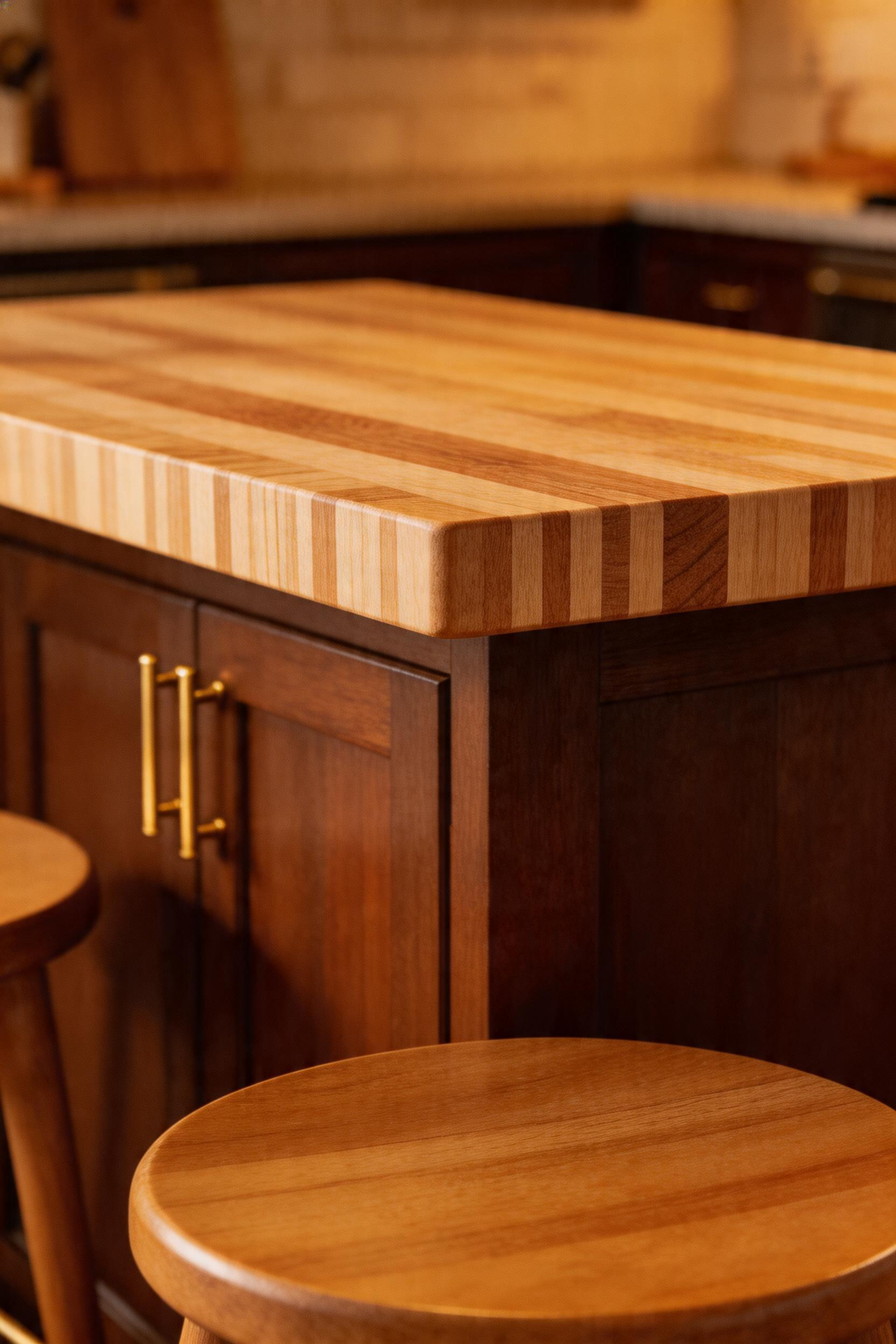 Butcher block kitchen bar counters are the warmest surface you can choose — thermally and visually — and unlike stone, they can be sanded and refinished when life leaves its marks.