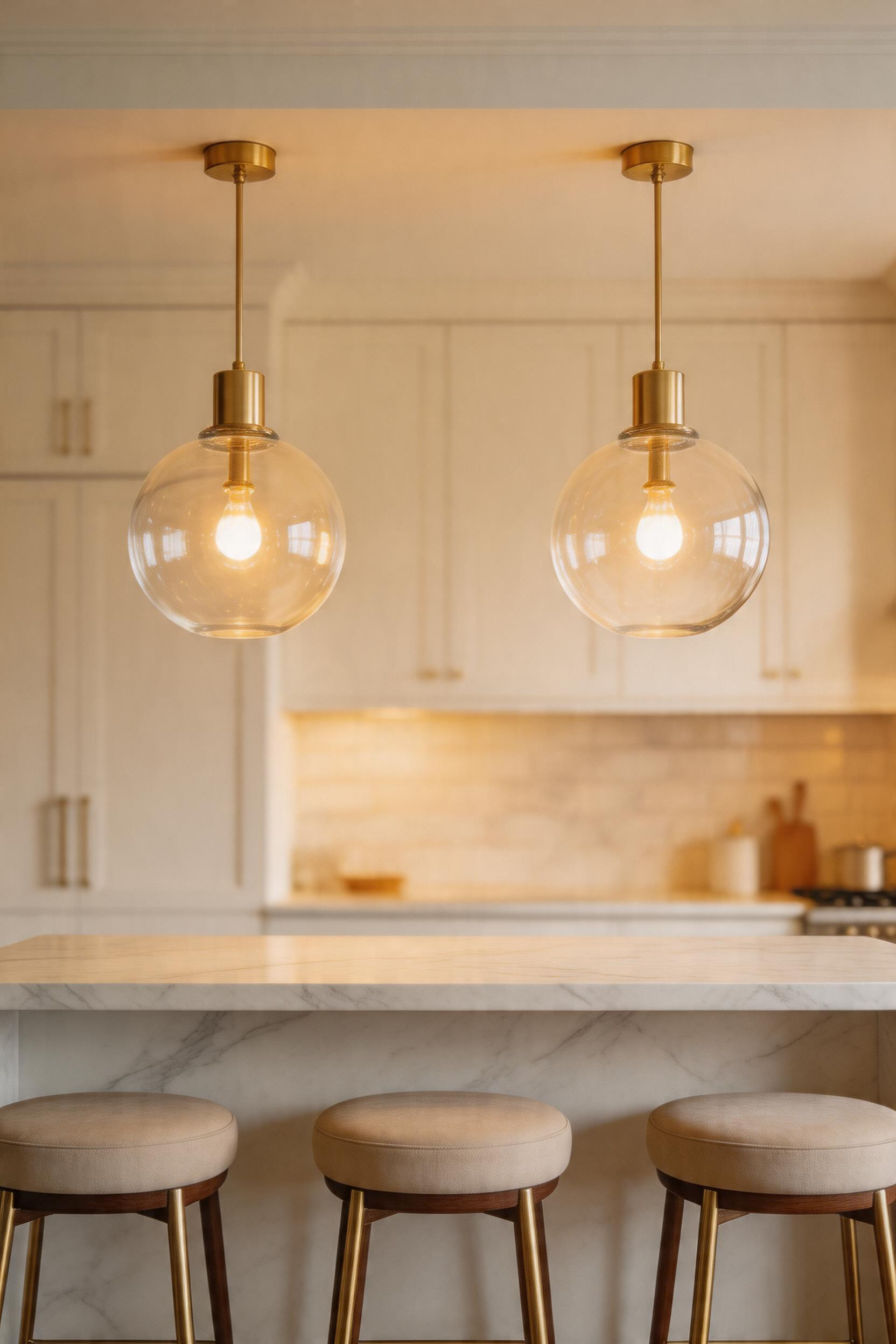 Globe pendants at bar height — 30 to 36 inches above the counter — create an intimate pool of light that makes kitchen bar seating feel like a destination rather than overflow dining.