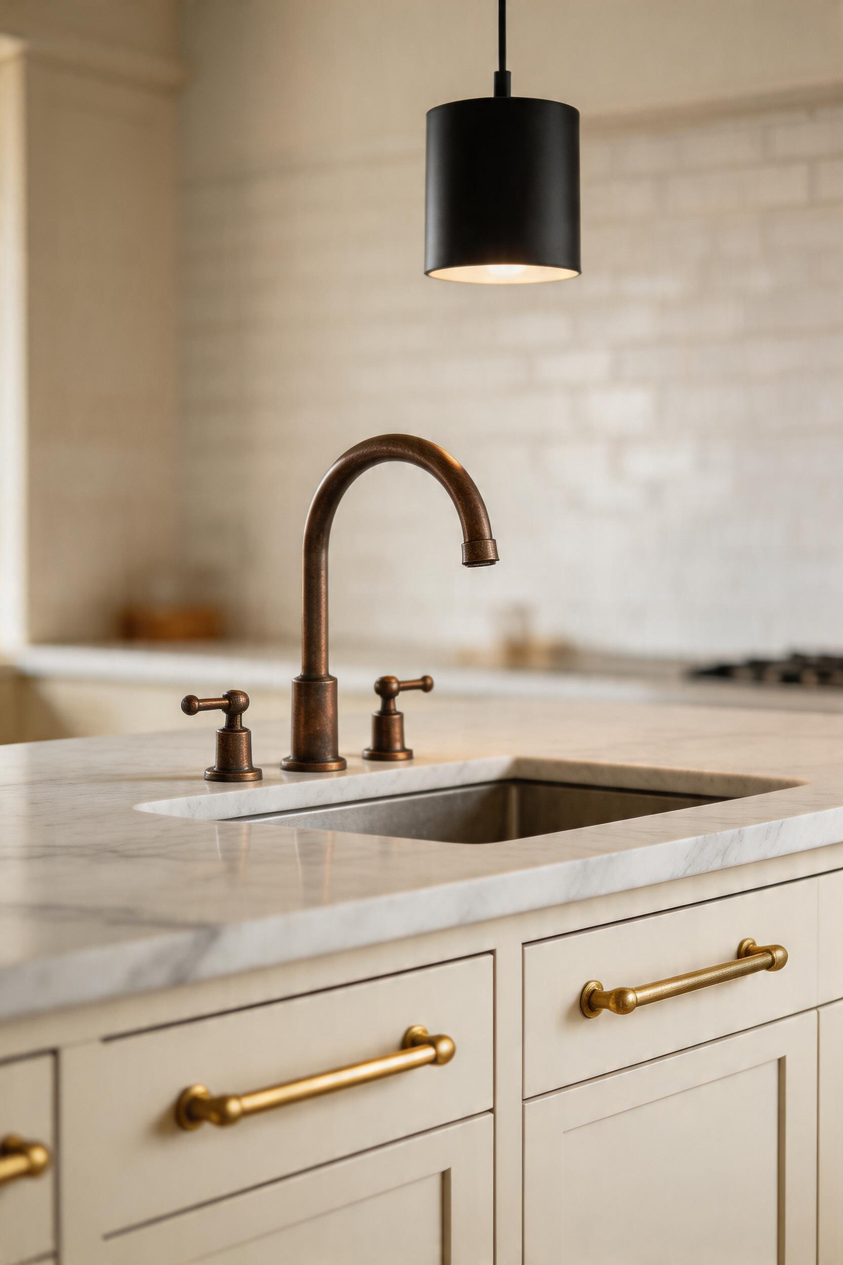 The 60/30/10 ratio keeps mixed metal kitchen bar ideas coherent — one dominant finish on hardware, a secondary on lighting, and a single accent finish that adds personality without competing.