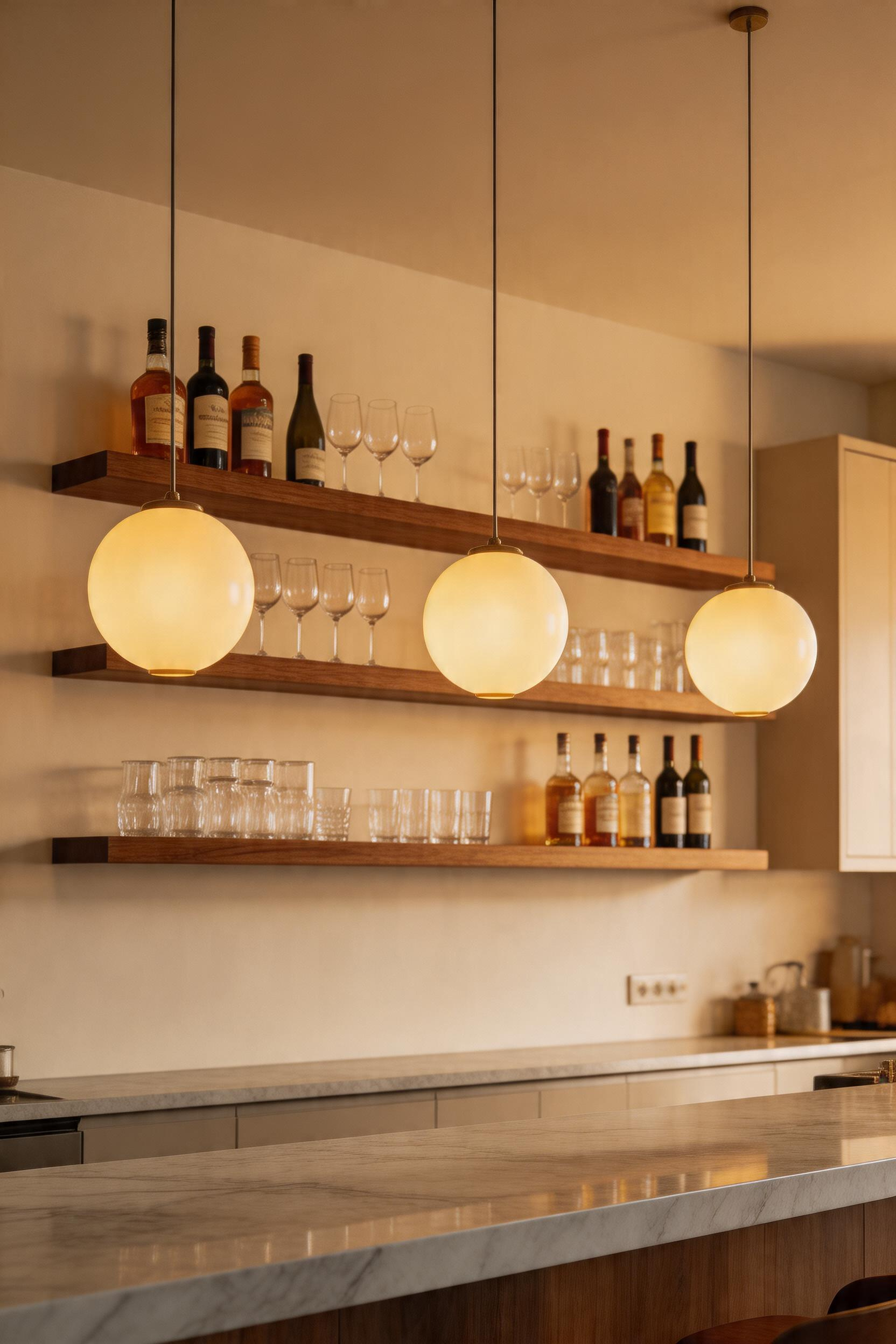 Floating shelves define the kitchen bar zone without adding the visual weight of full upper cabinetry — paired with pendants at the right height, the combination creates a bar atmosphere rather than just lighting.