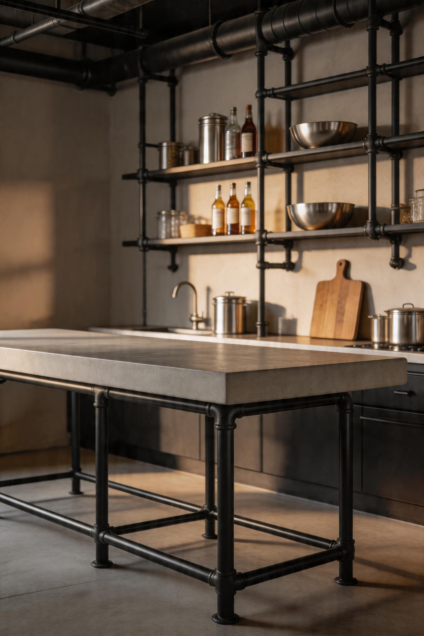 A GFRC concrete kitchen bar on a welded steel base is the purest expression of industrial design — both materials share raw artisanal credibility and age in ways that only improve with time.