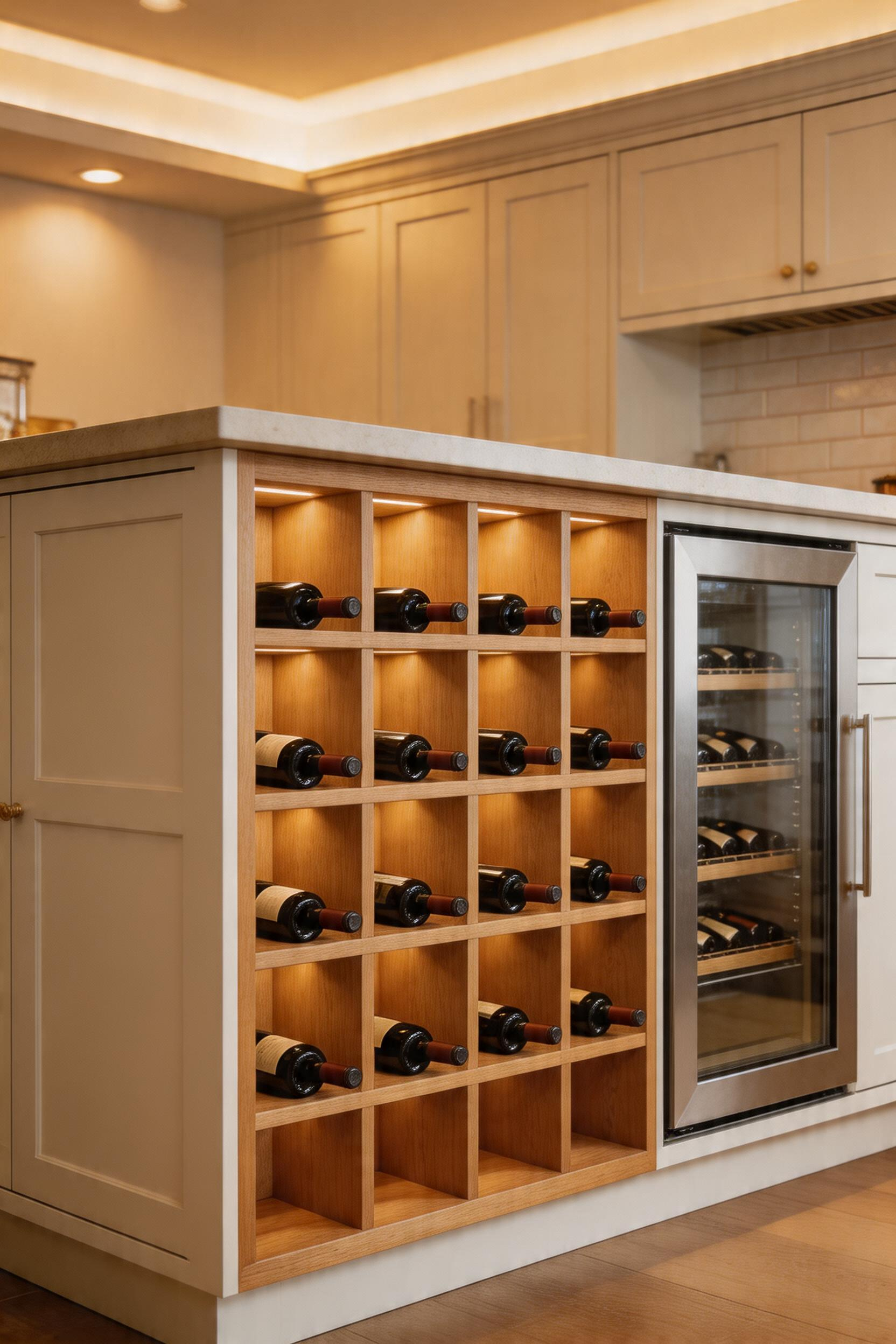 Wine storage built into the kitchen bar base turns the island into an entertainment system — the bottles become part of the design rather than stored away from it.