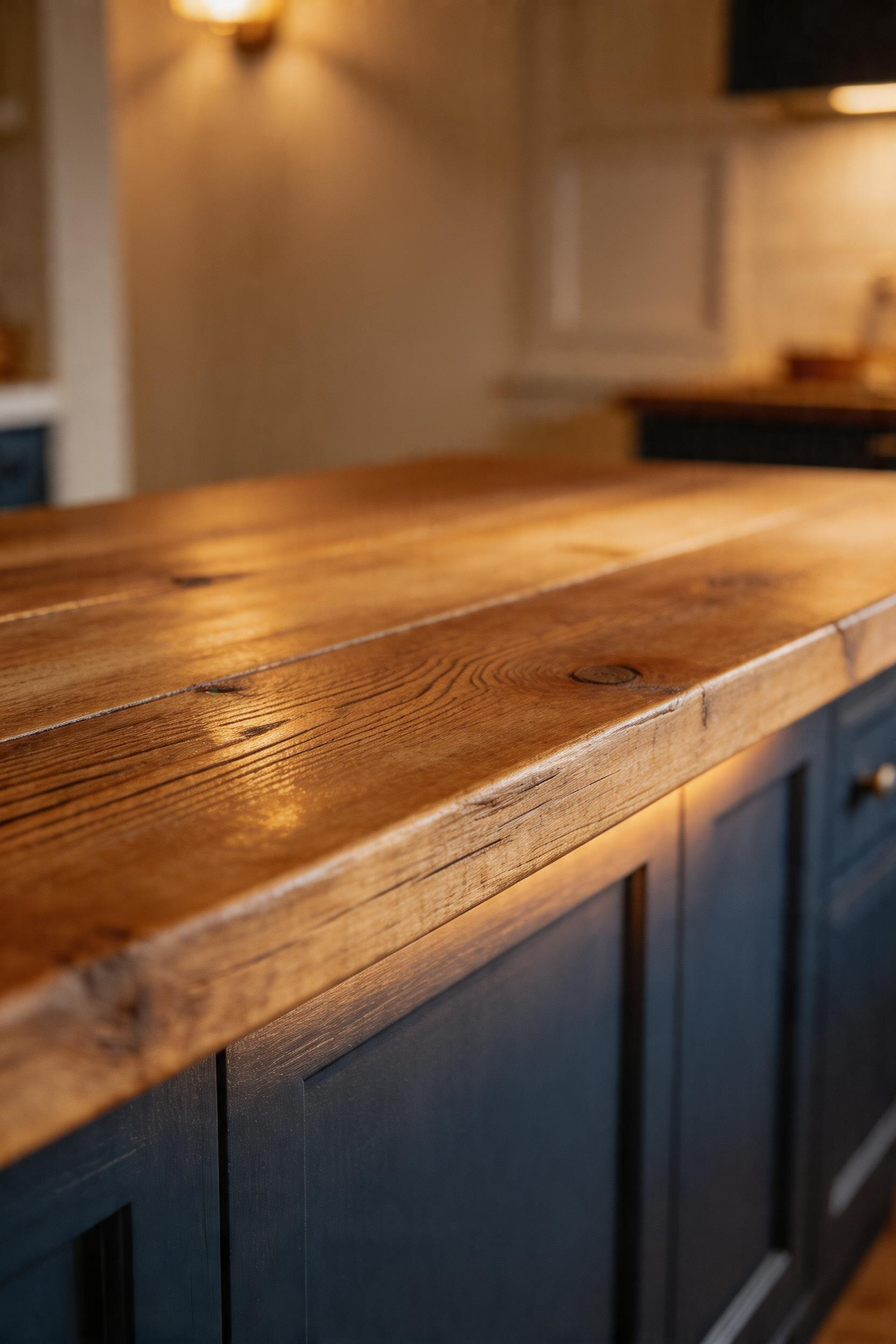 Reclaimed wood kitchen bar counters bring a warmth and material story that no manufactured surface can replicate — the grain, nail holes, and patina are the point.