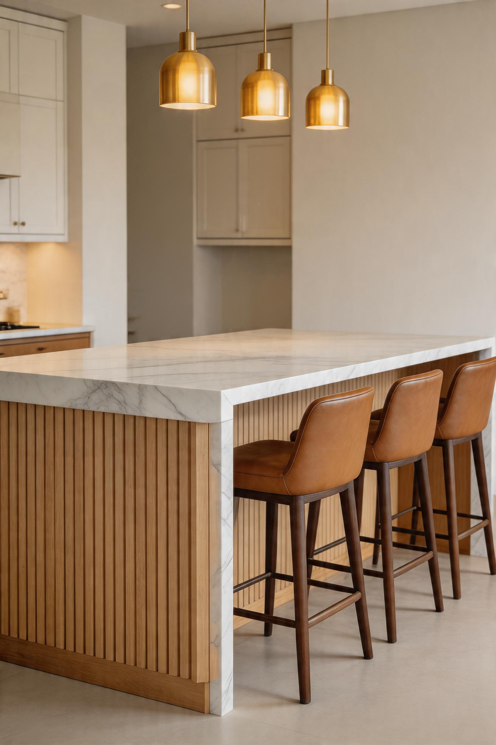 A bookmatched waterfall quartz countertop is the kitchen bar element that turns an island into a design statement — the stone seems to flow from counter to floor without interruption.