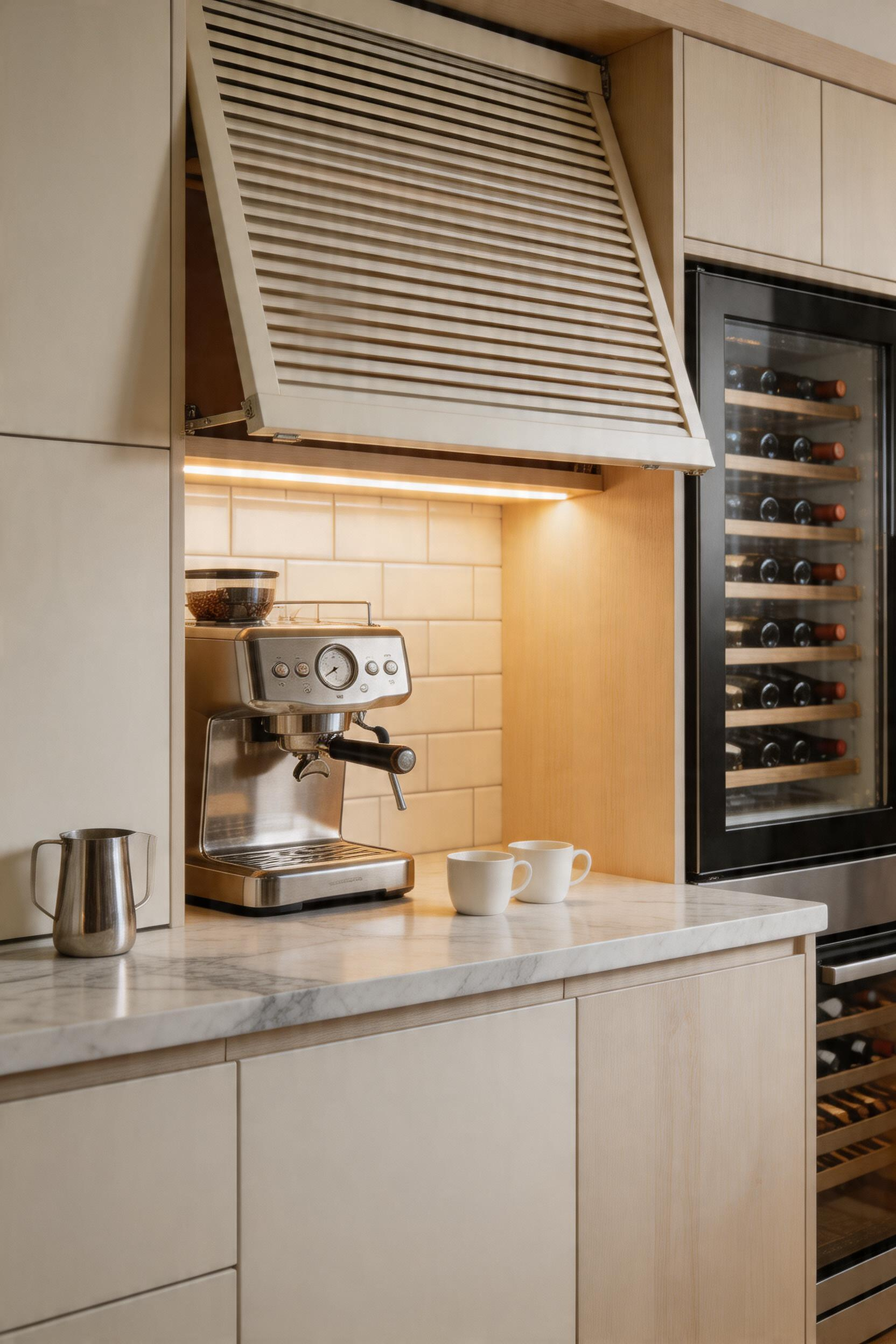 A built-in beverage station with an appliance garage is the kitchen bar idea that converts entertaining from an afterthought into a planned experience — everything in its zone, nothing on display it shouldn't be.