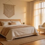 A fully styled bedroom combining layered linen bedding, boucle upholstery, linen curtains, and natural fiber textures — demonstrating how textiles alone can transform a bedroom from functional to genuinely personal.