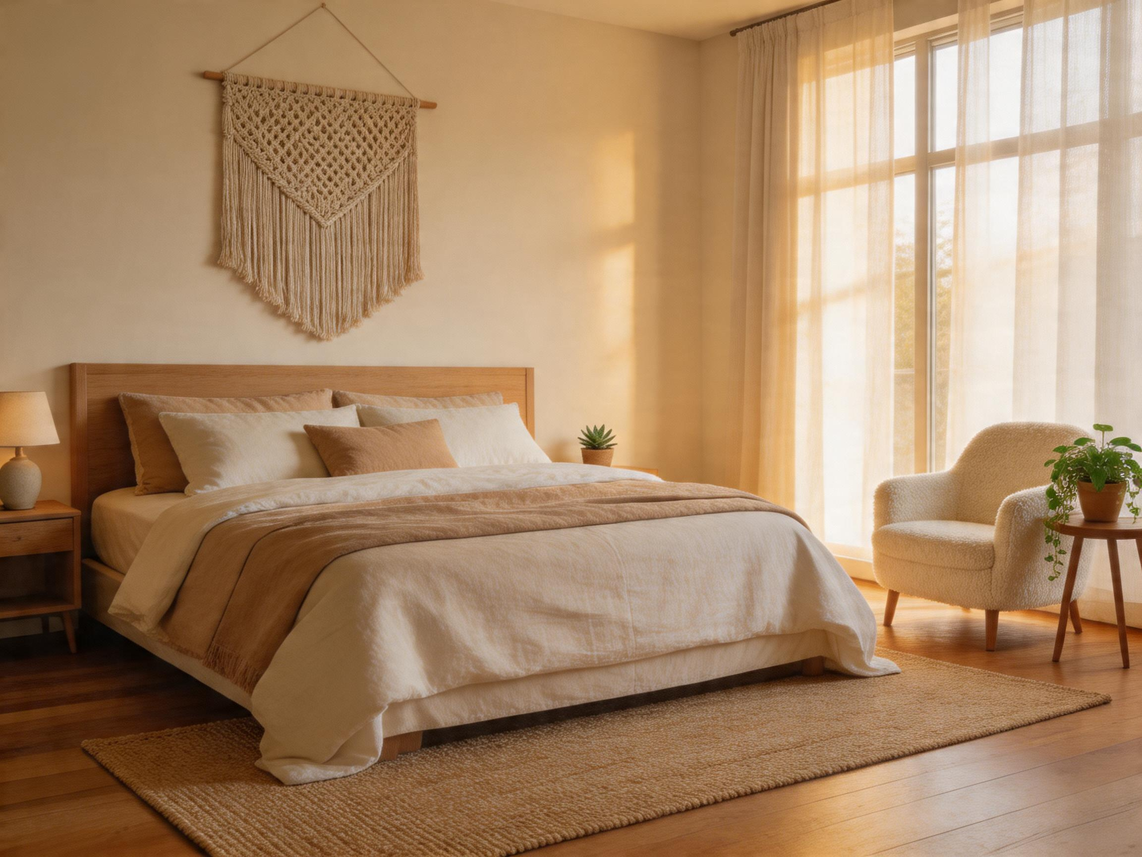 A fully styled bedroom combining layered linen bedding, boucle upholstery, linen curtains, and natural fiber textures — demonstrating how textiles alone can transform a bedroom from functional to genuinely personal.