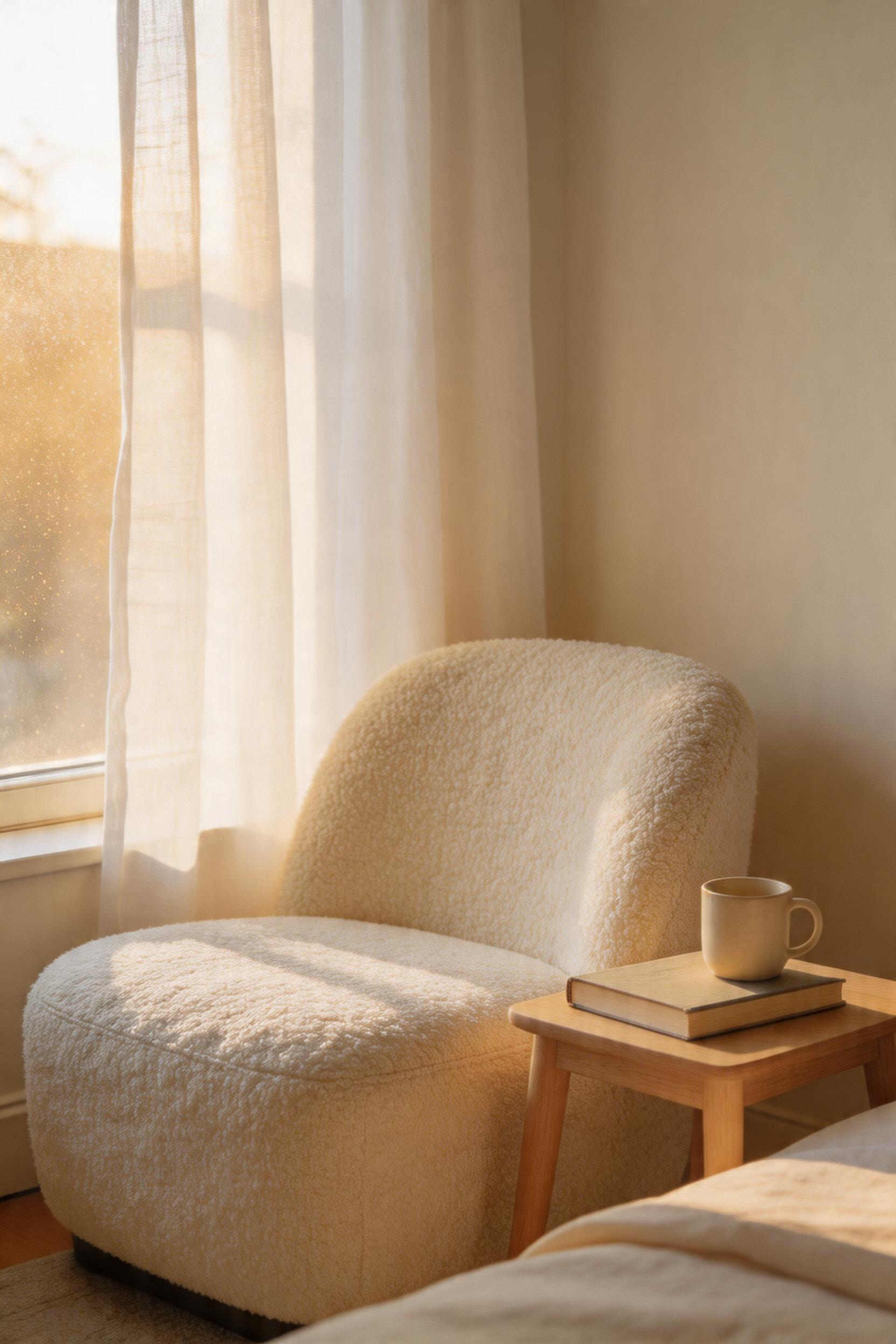 A boucle or velvet accent chair near the window creates a secondary living zone that elevates a bedroom from functional to retreat.