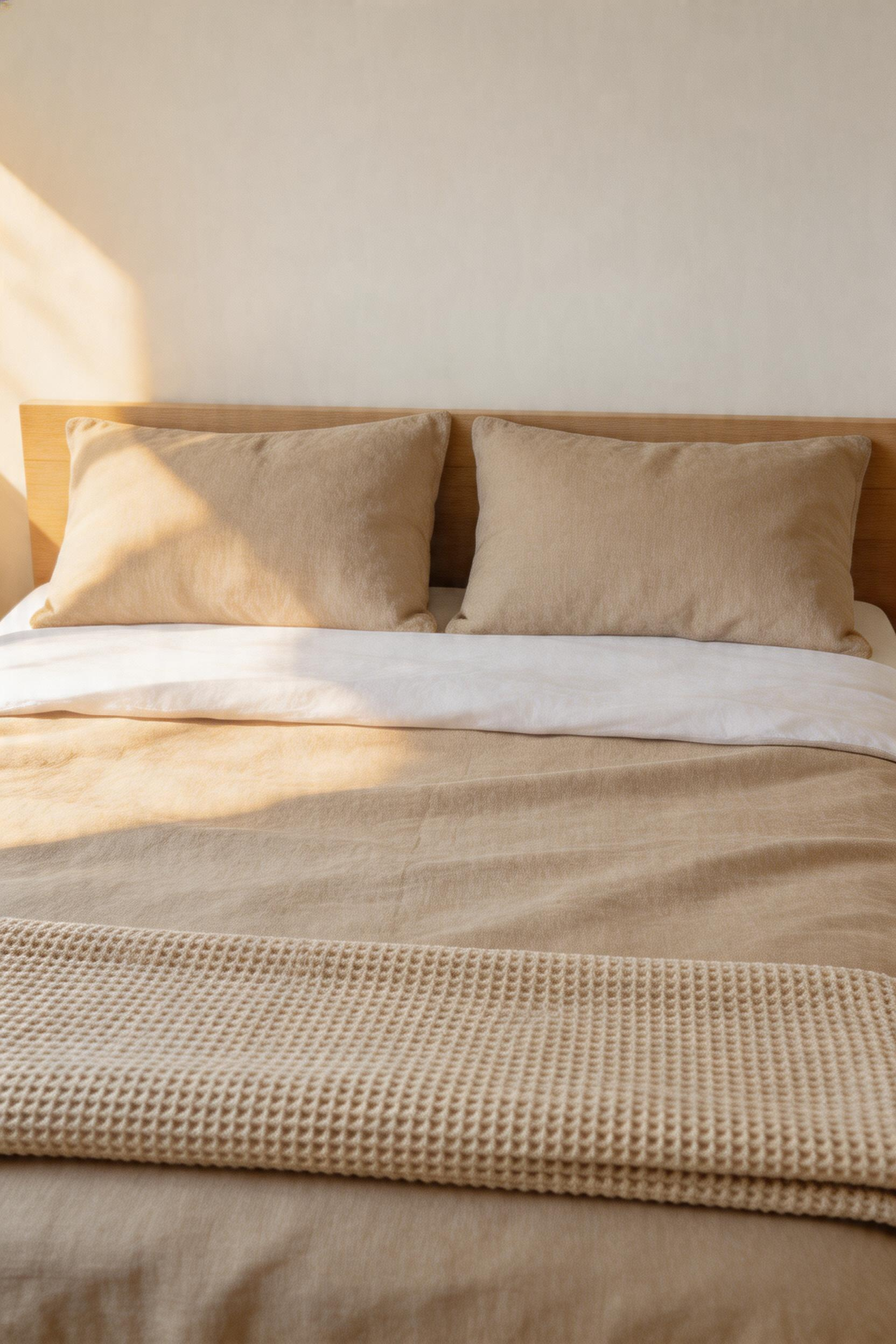 Layered bedding in cotton, linen, and waffle-weave textures creates a designer-quality bed without matching sets or complex styling.