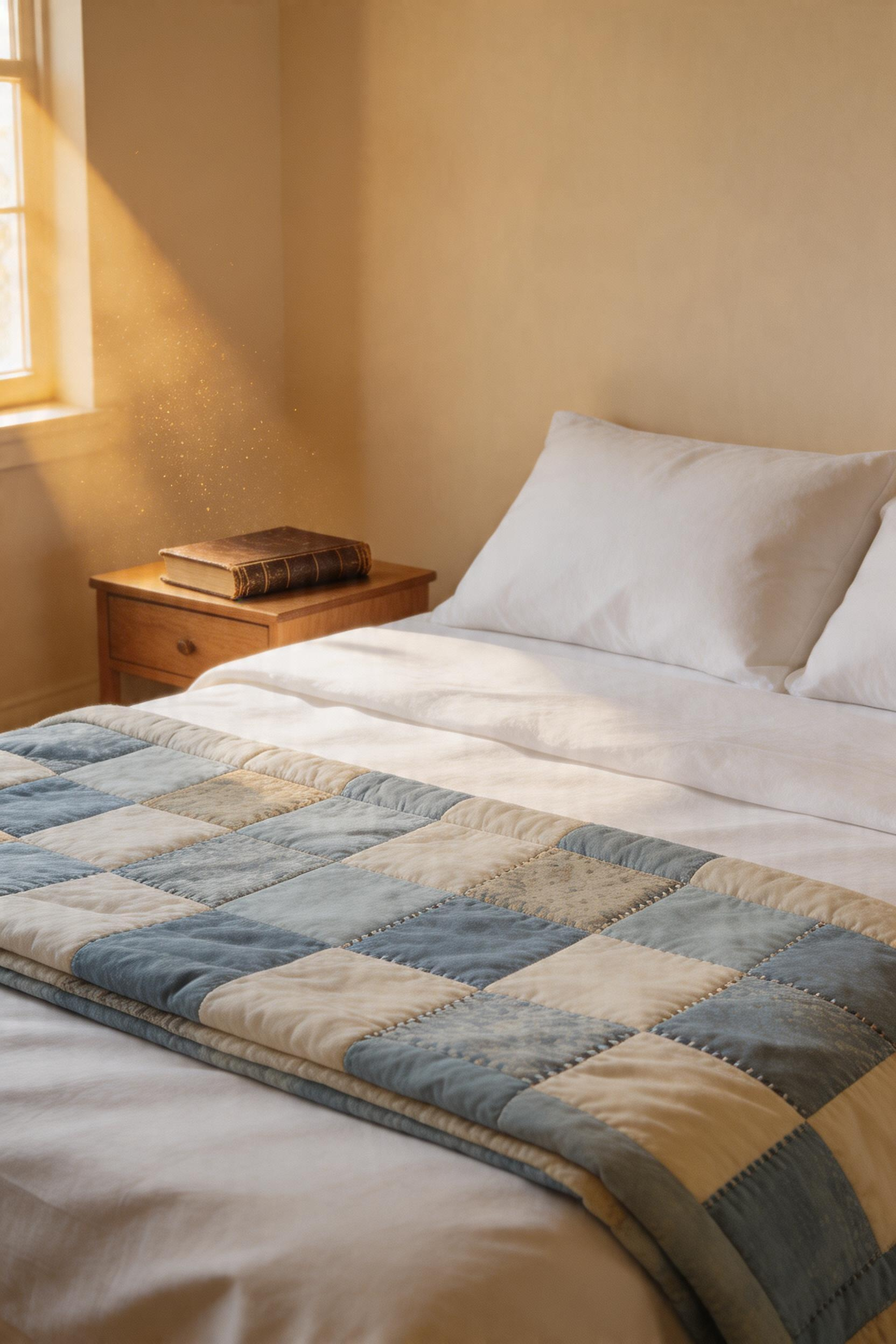 A vintage patchwork quilt layered at the foot of the bed adds character and warmth that new bedding, at any price point, cannot replicate.